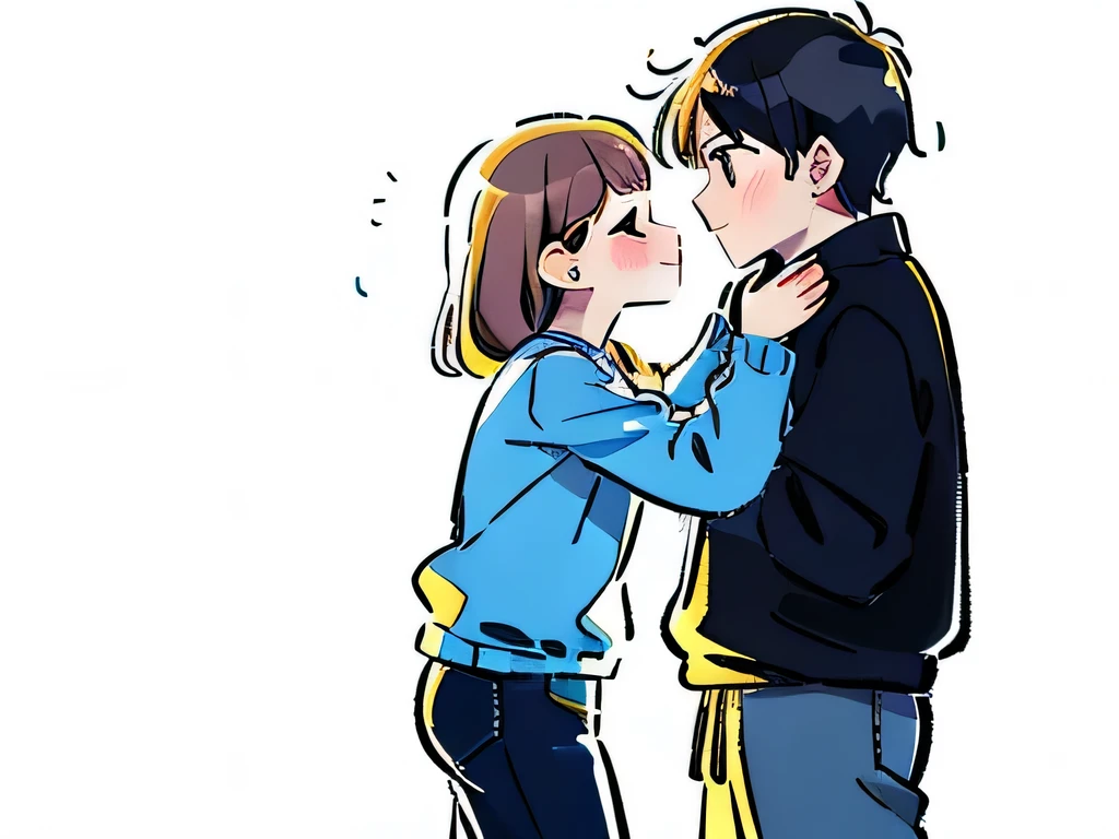 side view illustration of a couple, of a girl standing tall in front of a boy, pinching his cheek
