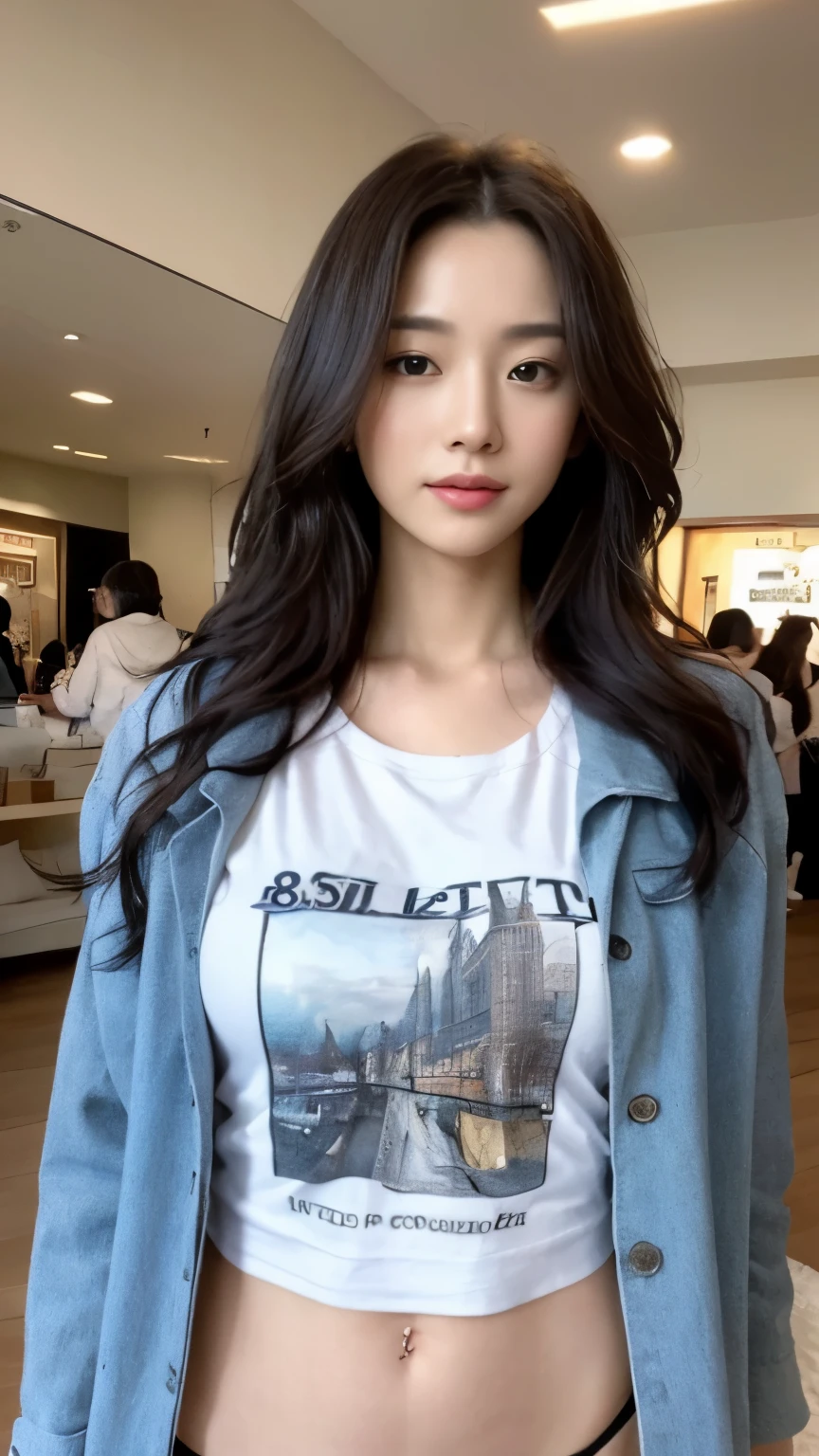 ((top-quality、8k、masterpiece:1.3))、Beautiful woman with perfect body:1.4、slim abdomen:1.2、Longhair, normal breast, Highly detailed facial and skin texture, A detailed eye, delicate eyes, double eyelid, (smile), (full body shot), ((shopping mall)), (standing), (((wearing t-shirt with jacket))), looking in front