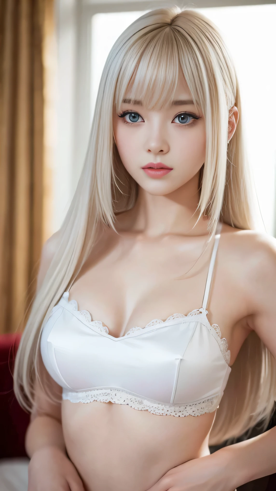 16 year old beautiful girl、real photo quality、extraordinary sexy beauty、shiny smooth white skin、Highlights of cheek luster、bright look、sexy look、beautiful bangs、world'The most beautiful super long platinum blonde super straight silky hair、So perfect cute beautiful sexy young woman、worldで最も完璧で美しいかわいい顔、Beautiful big light blue eyes like sparkling jewels、camisole、