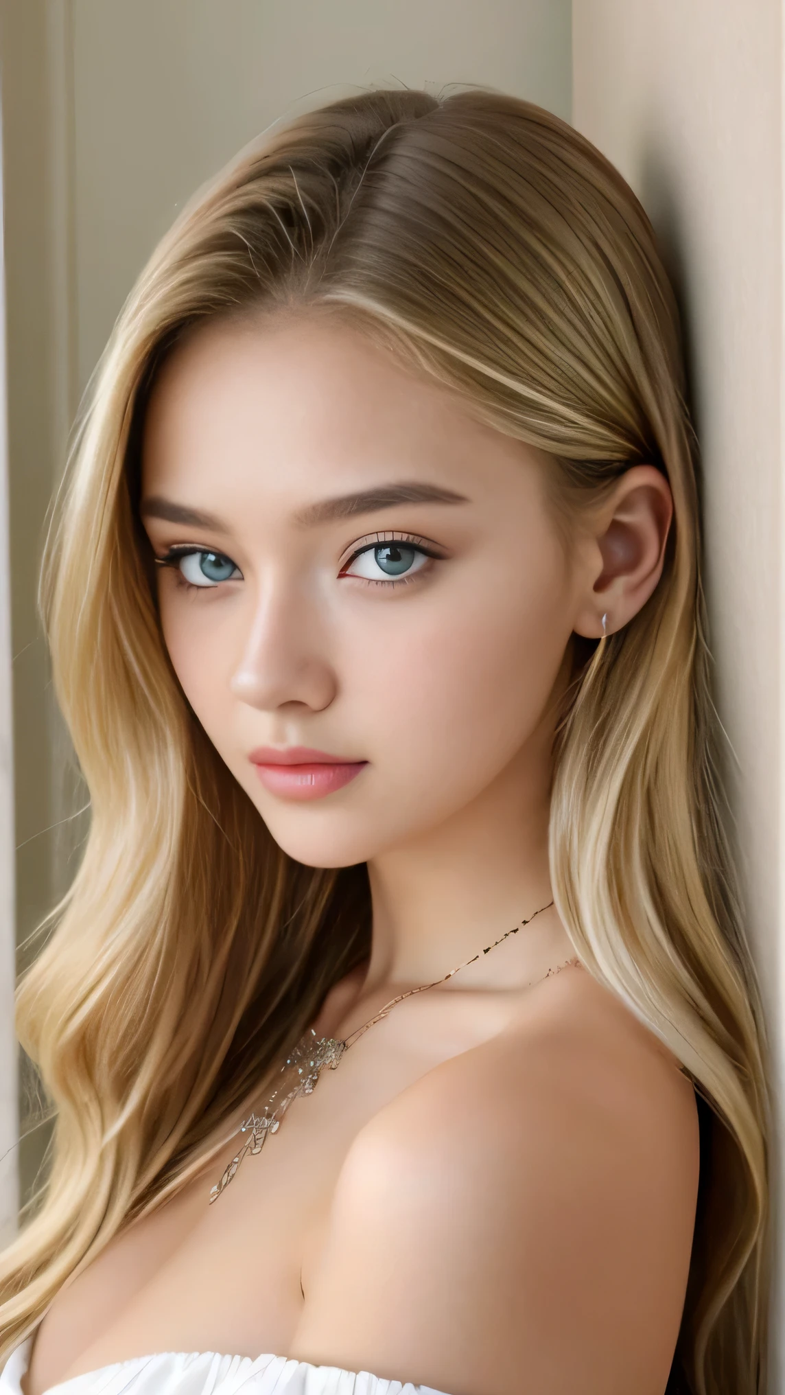 1 girl, 19 years old, alone, long hair, big breasts, looking at the viewer, blonde, bare shoulders, brown eyes, gem, whole body, necklace, off shoulder, See-through、 realistic, sexy