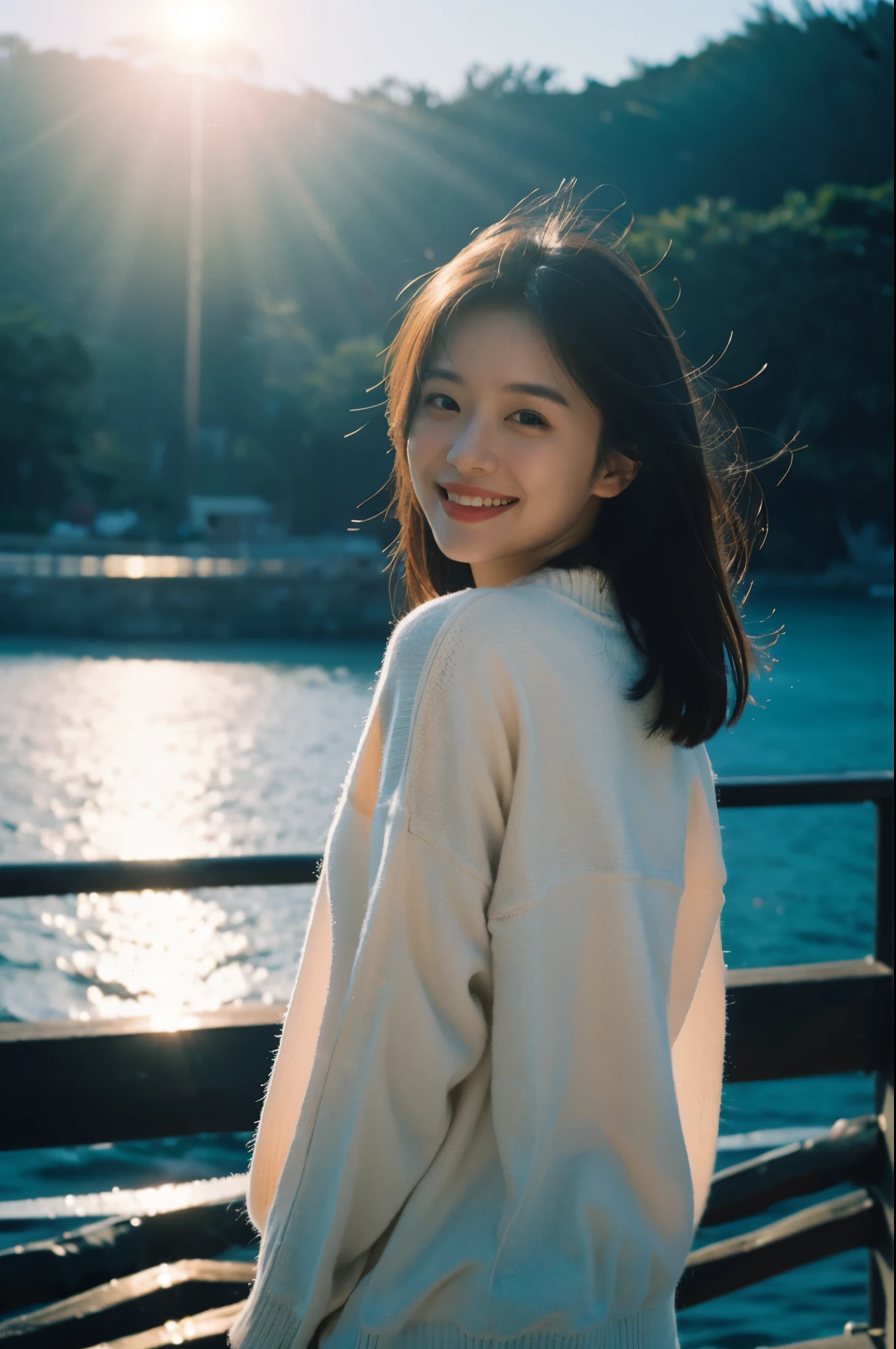 best quality,masterpiece,ultra high resolution,(authenticity:1.4),original photo,Cinema lighting,
1 girl,Smile,backlight,ocean,