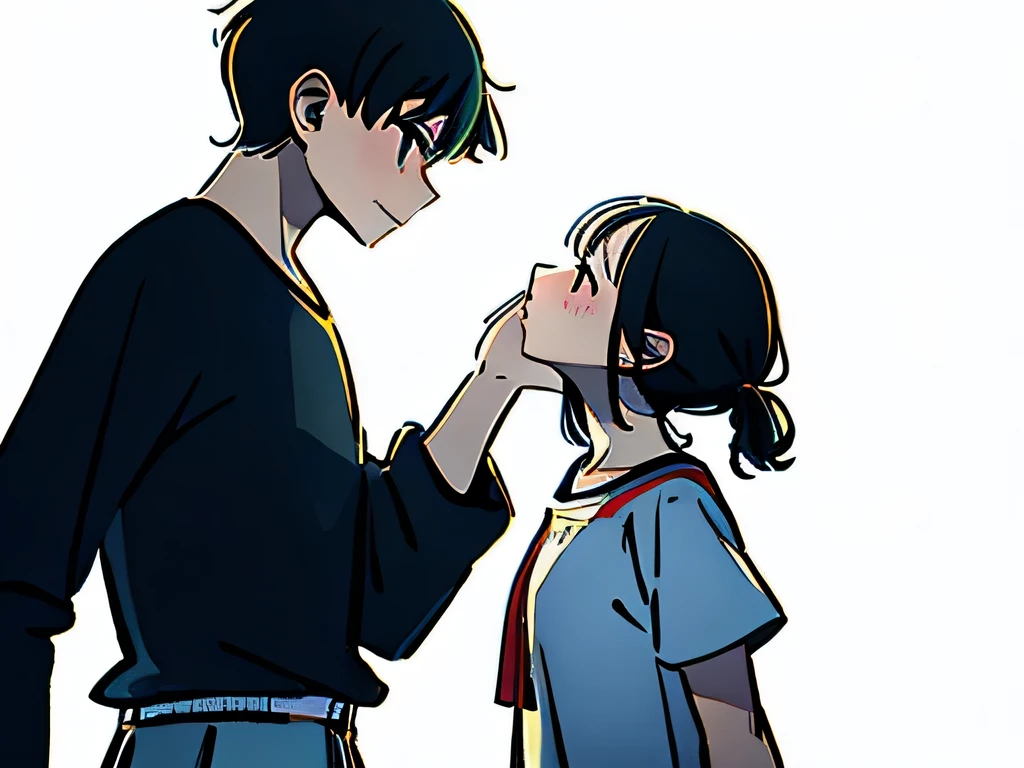 side view illustration of a couple, of a girl standing tall in front of a boy, pinching his cheek
