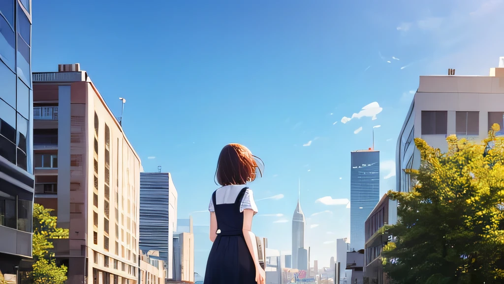 shoot from below, In the middle of a big city lined with skyscrapers A girl looking up at the summer blue sky, Rear view