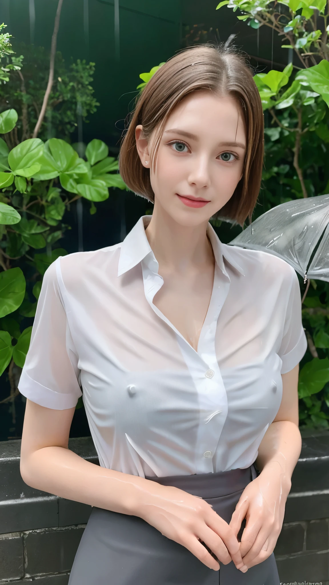 viola section, (gardeniass, rosacea:0.8), (masterpiece, best quality:1.4), exquisite girl, beautiful short hair, close up, secretary, white dress shirt, short sleeves, dark grey skirt, 8k, 50mm portrait, original photo, absurd, breasts focus, big breasts, Thin arms, Waist is very thin, Arched back, No makeup, Worry, complicated, Menko, clear lighting, film grain, Color difference, sexy, (rain, wet shirt:1.4), street, Bokeh, (simple background:1.2),full-body shot,