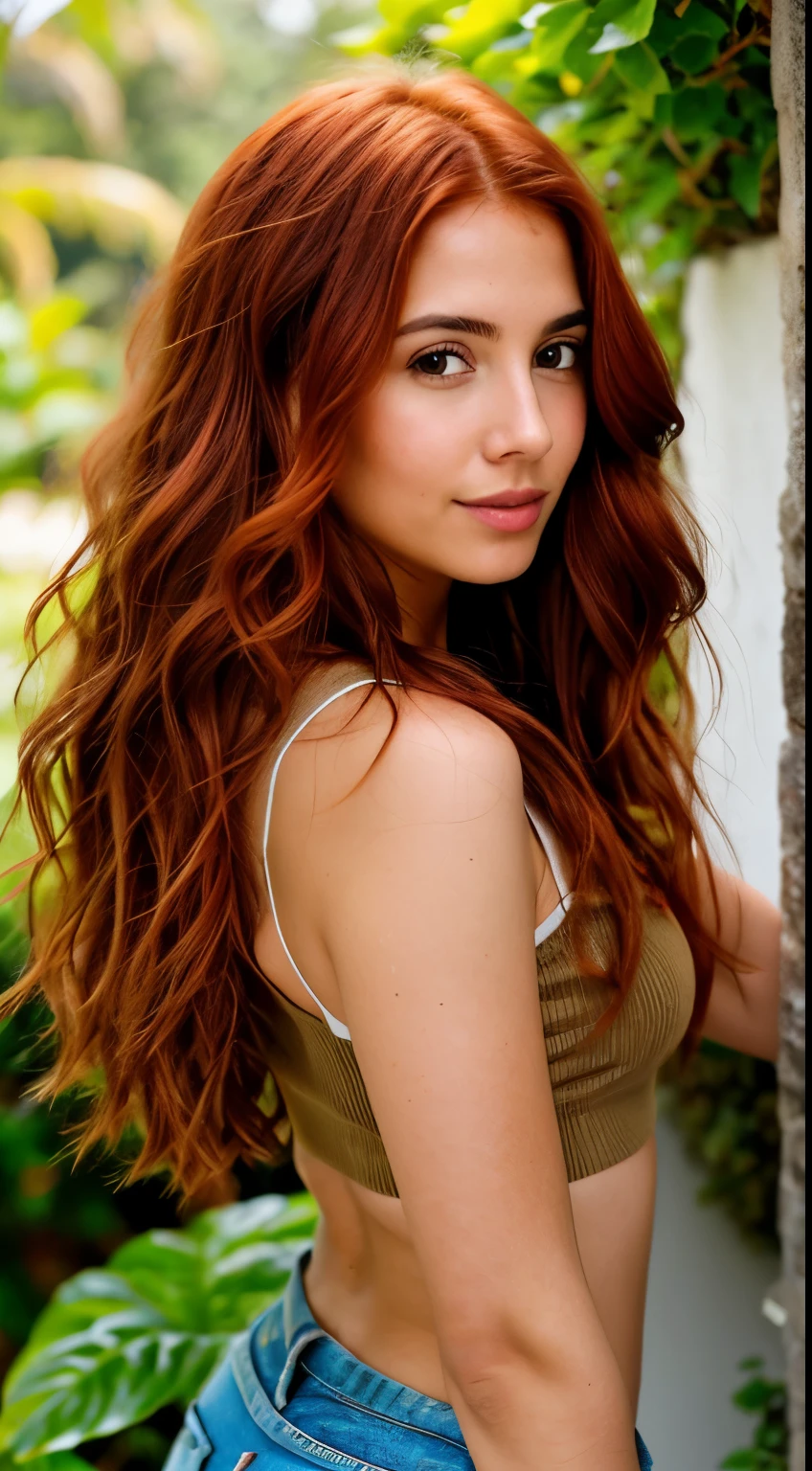 A 26-year-old red-haired woman, ((pechos grandes)), ((hiperrealismo)) ,. Red hair with light brown roots,cabello extra largo, cabello muy largo, Cabello muy largo, hermoso, vista frontal, autofoto, Foto tomada con iPhone, elegante camisa negra con escote, escotada, autofoto in the garden, alta calidad, autofoto iPhone, escote,selfie, sexo, 2 amigas, sensual, beso, saludo