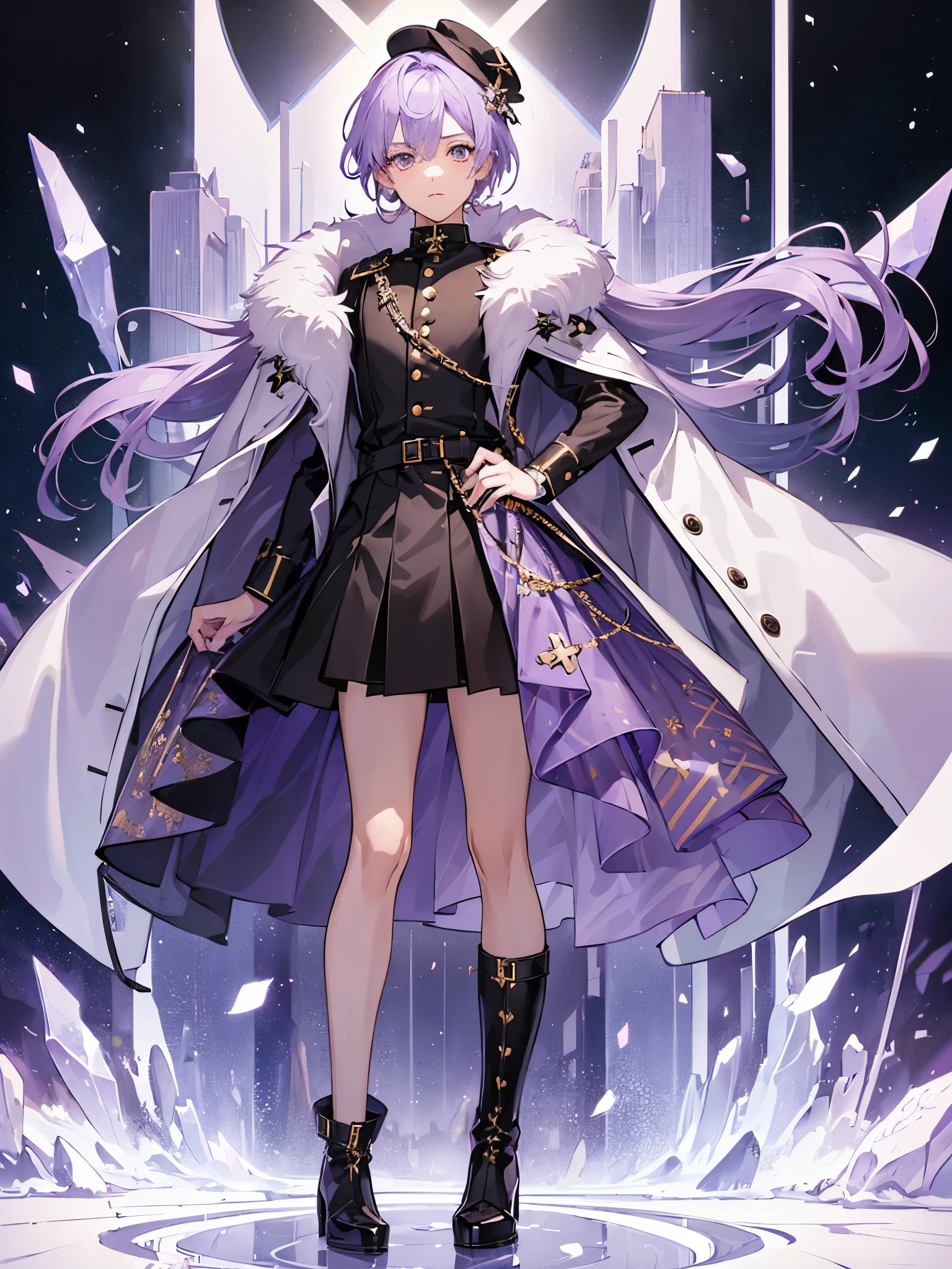 ((a boy)), lavender color hair, crystal eyes, ((idol clothes)), ((Cross-dressing)), long boots, ((Beautiful boy)), Military fur coat, ((individual)), ((dress)), military cotton hat