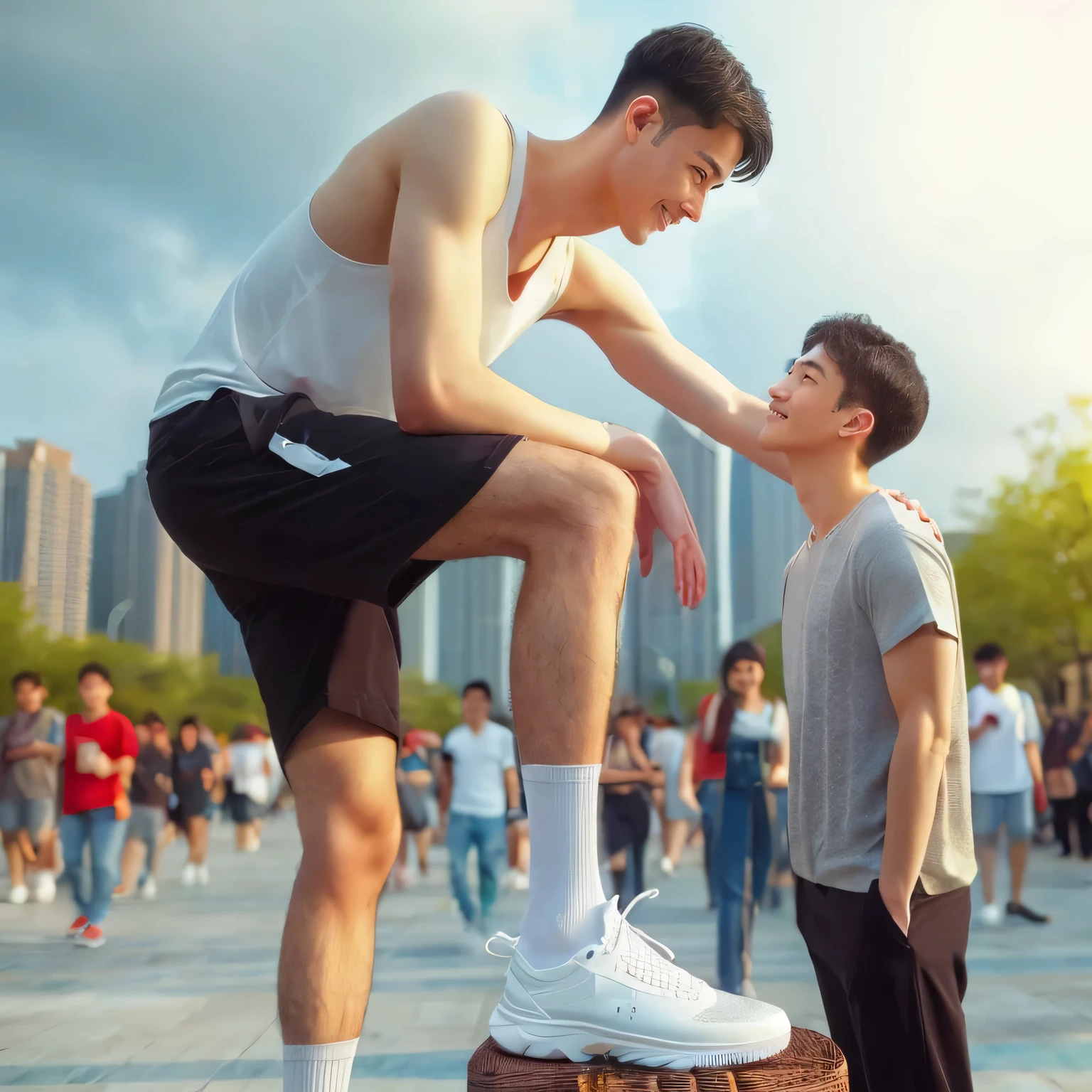 (8K, RAW photo, Highest quality), (detailed face:1.3) , (detailed eyes) , high detail, (symmetrical face) extremely tall guy, handsome Chinese, athletic, with soft chinky eyes, clean-shaven, white shoes, and a short clean hairstyle, next to a very short handsome guy on a rooftop of Empire State Building. Their flirtatious interaction is framed against the urban skyline, with (whole-body shots) romantic setting.