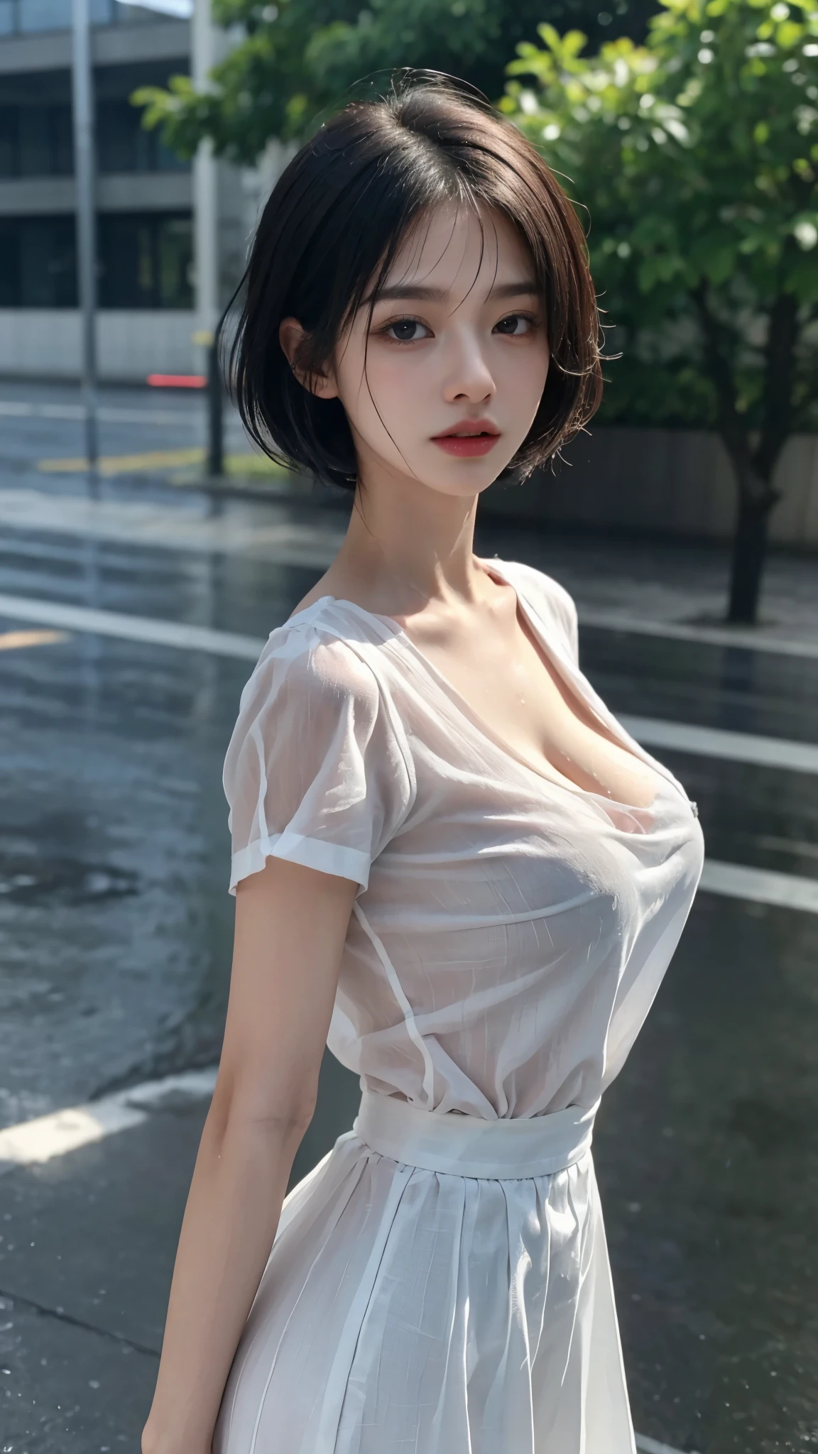 viola section, (gardeniass, rosacea:0.8), (masterpiece, best quality:1.4), exquisite girl, beautiful short hair, close up, secretary, white dress shirt, short sleeves, dark grey skirt, 8k, 50mm portrait, original photo, absurd, breasts focus, big breasts, Thin arms, Waist is very thin, Arched back, No makeup, Worry, complicated, Menko, clear lighting, film grain, Color difference, sexy, (rain, wet shirt:1.4), street, Bokeh, (simple background:1.2),whole body,