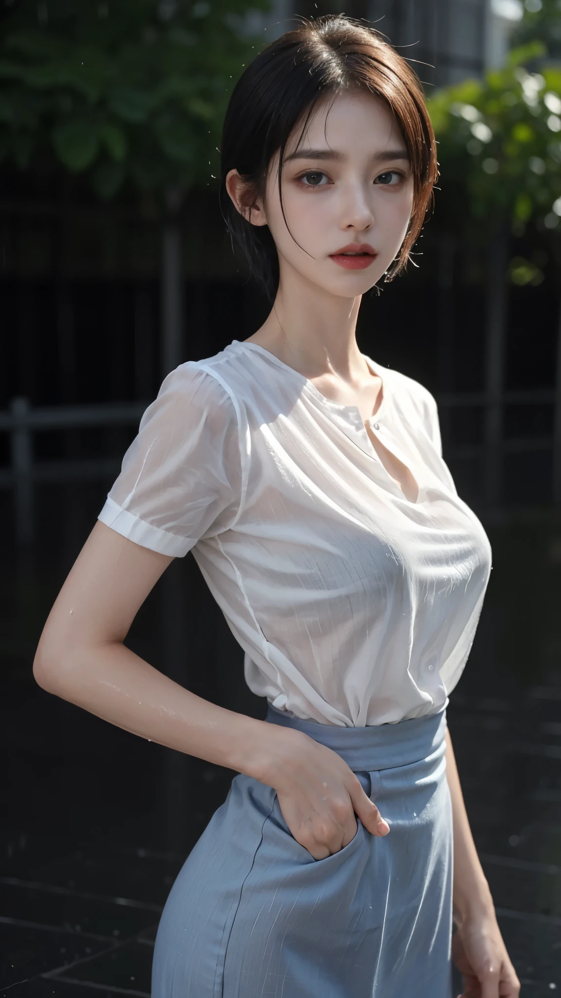 viola section, (gardeniass, rosacea:0.8), (masterpiece, best quality:1.4), exquisite girl, beautiful short hair, close up, secretary, white dress shirt, short sleeves, dark grey skirt, 8k, 50mm portrait, original photo, absurd, breasts focus, big breasts, Thin arms, Waist is very thin, Arched back, No makeup, Worry, complicated, Menko, clear lighting, film grain, Color difference, sexy, (rain, wet shirt:1.4), street, Bokeh, (simple background:1.2),whole body,