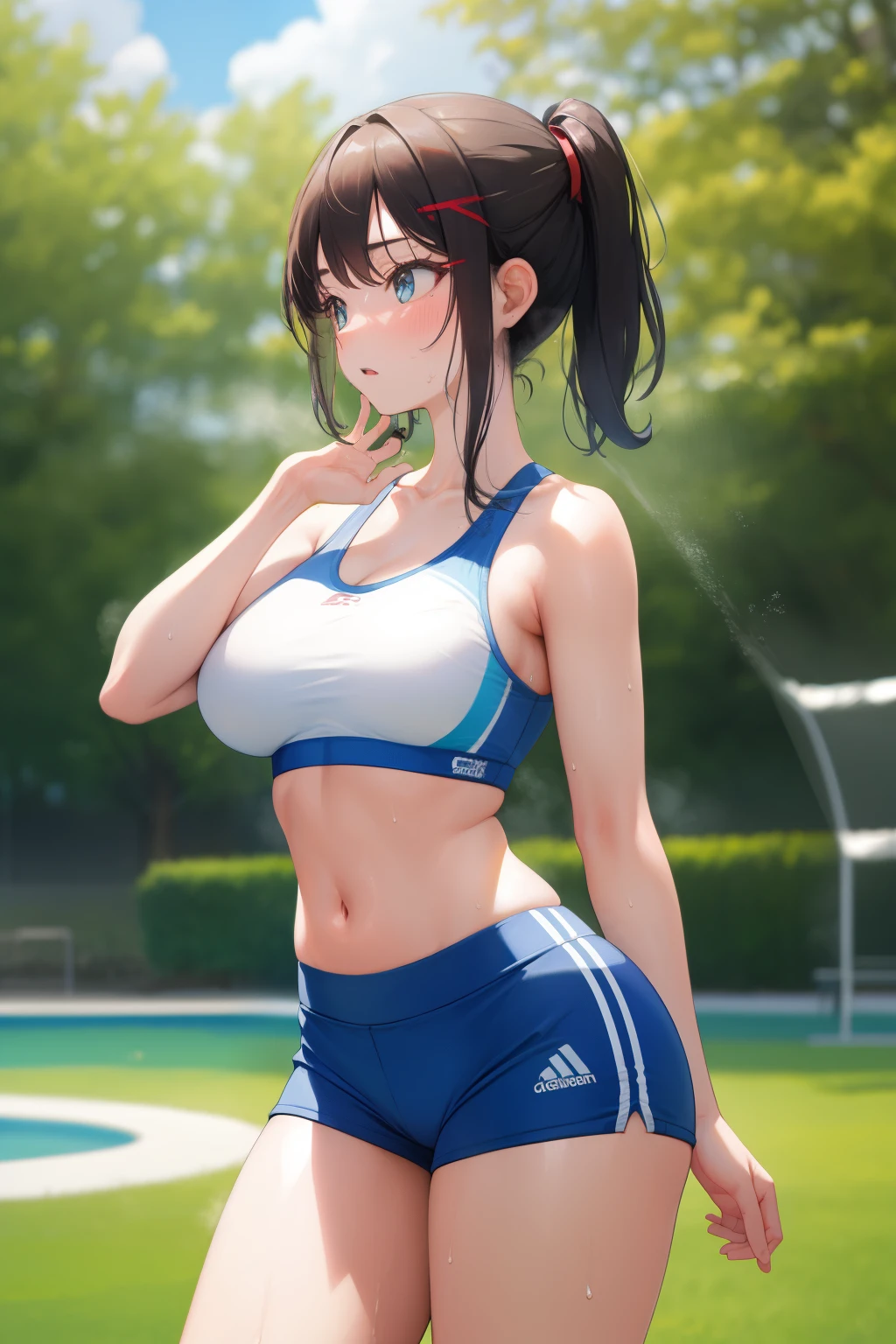 (tmasterpiece:1.2, best quality), real, (real photo, intricate details, depth of field), tmasterpiece, best quality, woman in white sports top and blue shorts, white translucent bra, tight push-up bra, blue yoga pants, fair and transparent skin, abnormally bulging, larger than shoulder blades, hourglass body shape, narrow waist and thick hips, pelvis larger than shoulder blades, fitness model, red cheeks, sweaty. , soaked all over, out of breath, wheezing, standing in a sunny park