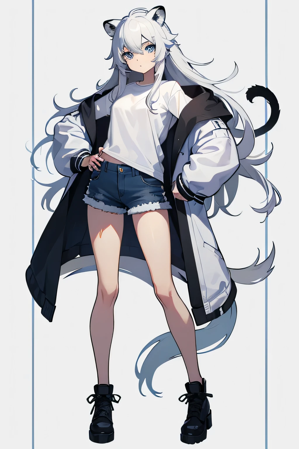 kemono, long white hair, blue eyes, snowleopard ears and tail, wearing plain white shirt, denim shorts, a big jacket, white background, high res, ultrasharp, 8K, masterpiece, full body

