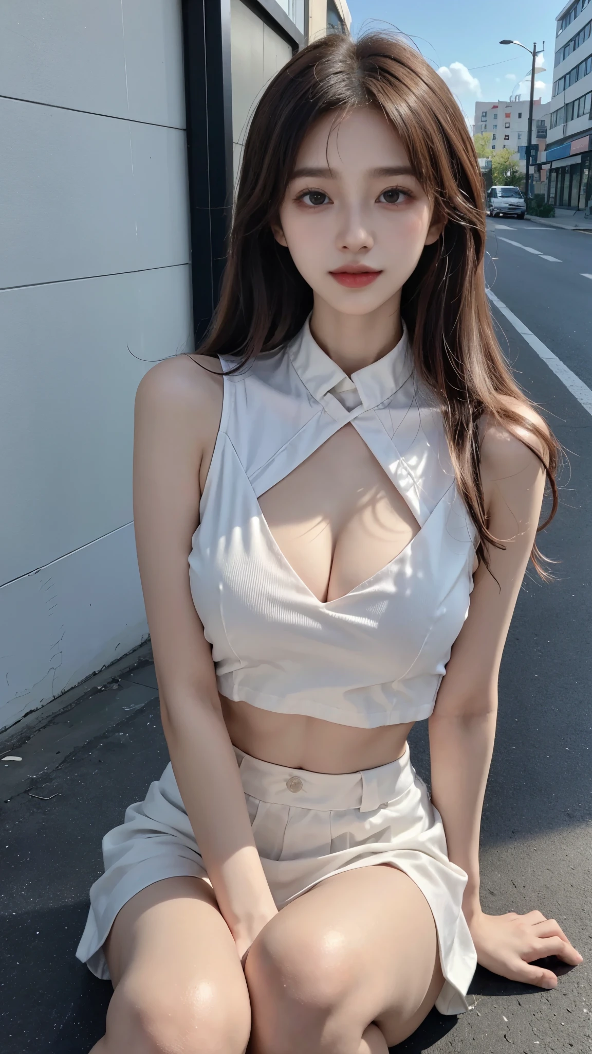 Haiyi-wenshengtu default 16:20:38 Expires in 29 days Top quality、ultra high resolution、(Realism:1.4)、(ulzzang-6500:0.4)、Beauty、korean idol、18 years old、hair length、light brown hair、clean wavy hairstyle、、very small breast、realistic eyes, thin and long窄眼睛、beautiful eyes、a smile、crop top、Vest、Wear a see-through shirt、mini skirt、on the street、Squat down、thin and long、A thin and long、Slender body lines、Shot diagonally from above、Hang the headphones around your neck