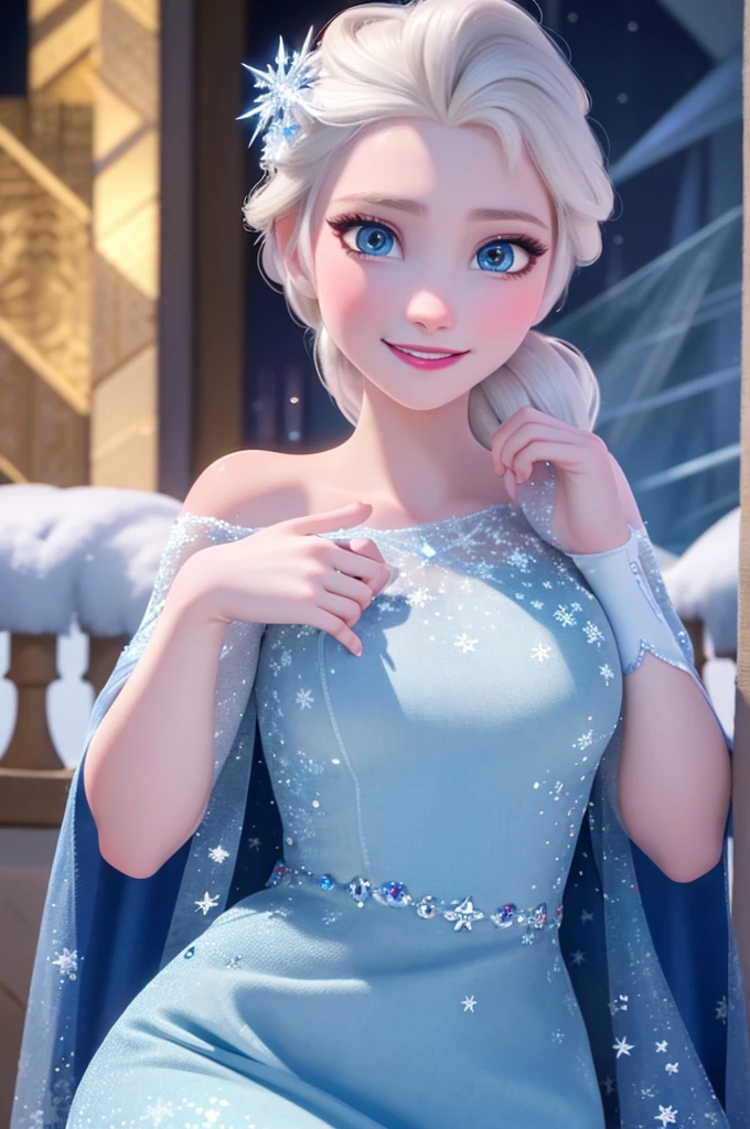 (best quality,4k,8k,highres,masterpiece:1.2), ultra-detailed, realistic:1.37, HDR, UHD, studio lighting, extreme detail description, professional, vivid colors, bokeh, portraits, Elsa of Arendelle, blue ice dress, single braid, beautiful detailed eyes, beautiful detailed lips, extremely detailed eyes and face, long eyelashes, smile, icy background, snowflakes, shimmering ice shards, magical atmosphere