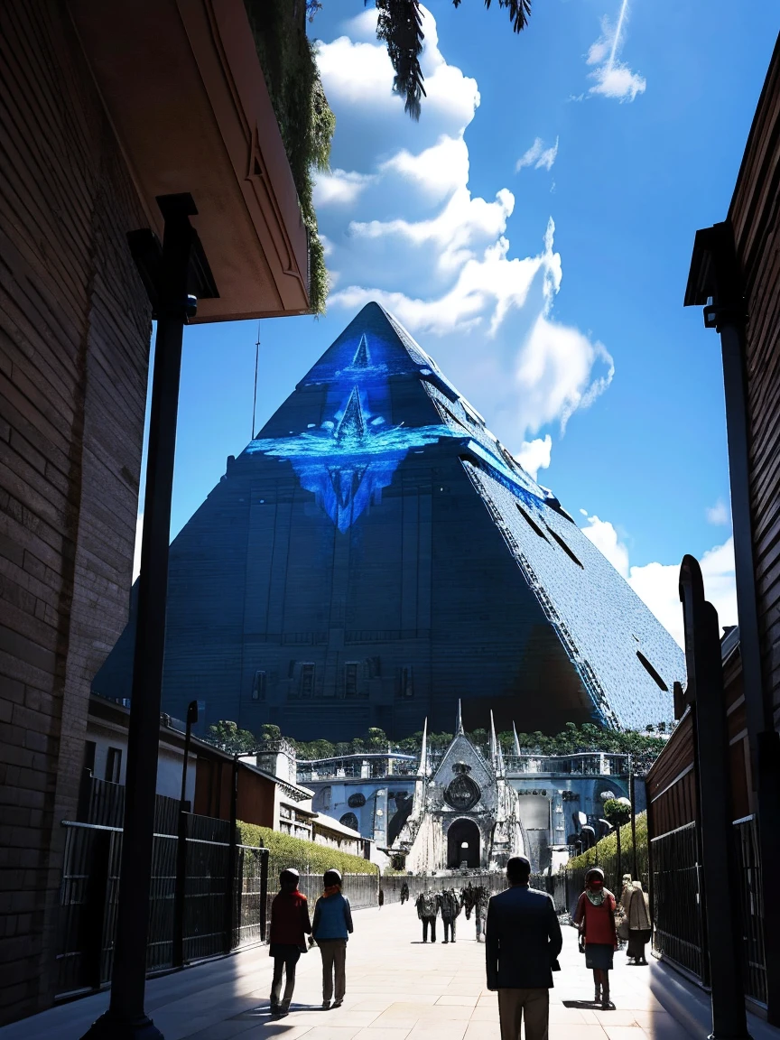 highest quality、masterpiece、ultra high resolution、(realistic:1.4)、A gigantic shining pyramid、Ultra-civilized、spaceship、a small figure looking up