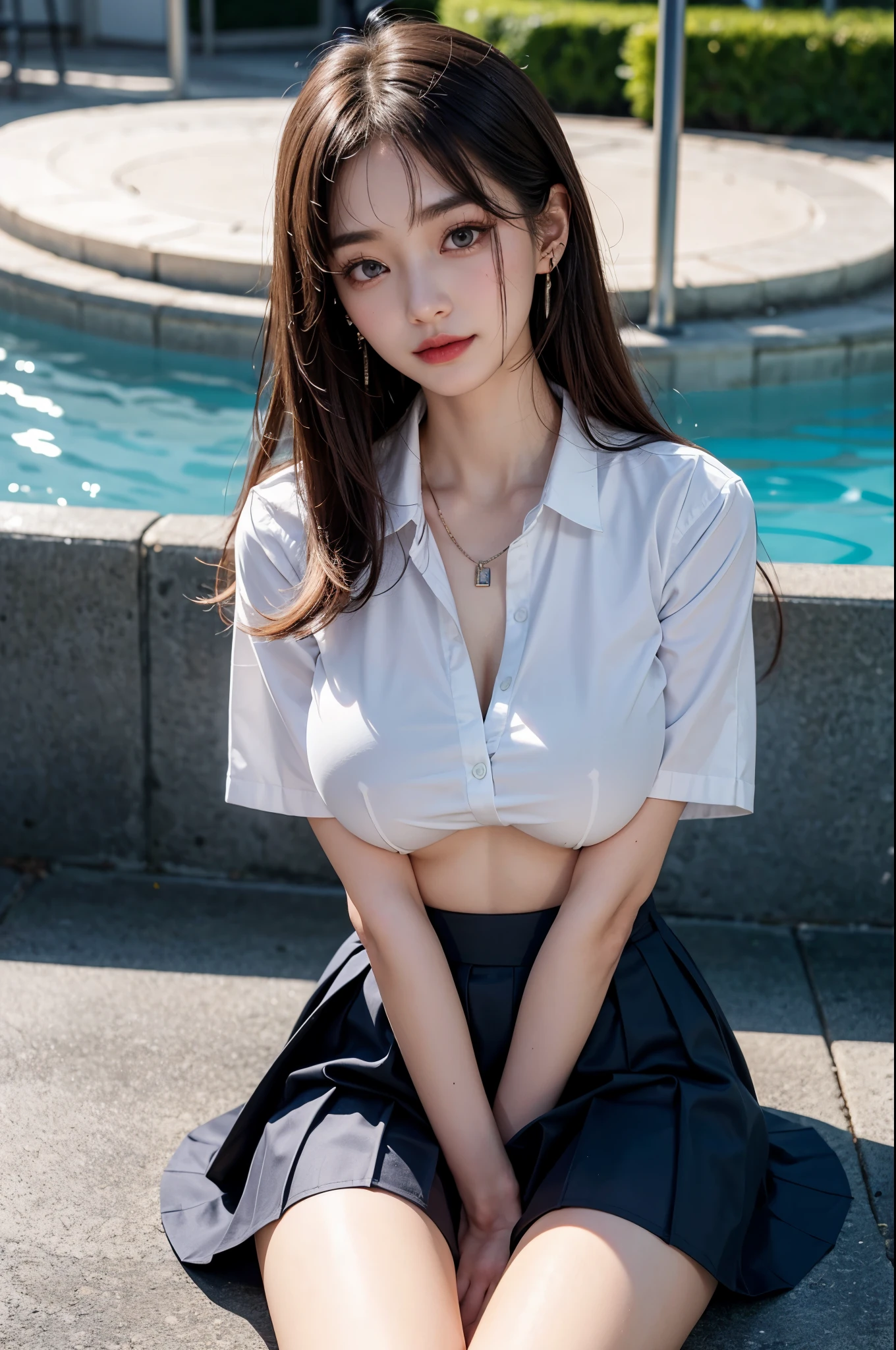 korean school uniform、school uniform shirt、(White shirt with sheer nipples)ribbon、skirt、light brown hair、Poolside at night school、Poolside bench at night、dark atmosphere、8K RAW photo、High resolution、Cute Japan 、(big round breasts:1.6)、beautiful eyes、detailed eyes、drawn in detail、long eyelashes、beautiful double eyelids、narrow eyes、elongated eye shape、Three white eyes、duck mouth、evil smile、evil look、beautiful and very thin legs、Beautiful and very thin thighs,、random long hair、tie hair at the back of the head、earrings、necklace、I can see my crotch、極端に短いskirt、open your legs