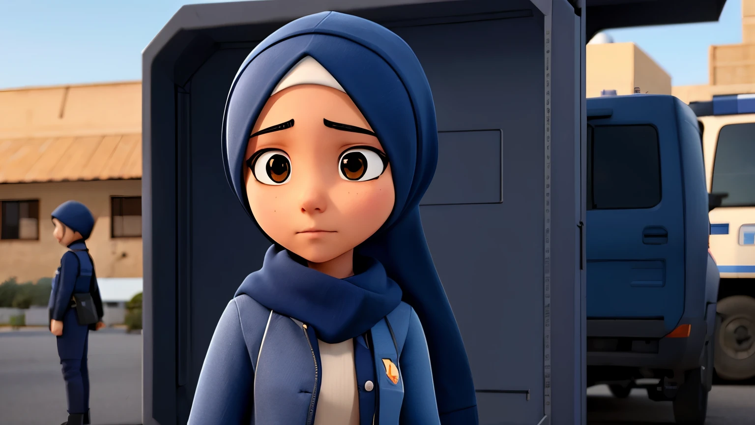 A age woman wearing a hijab wearing a detective outfit, with a suspicious facial expression, at a police line location