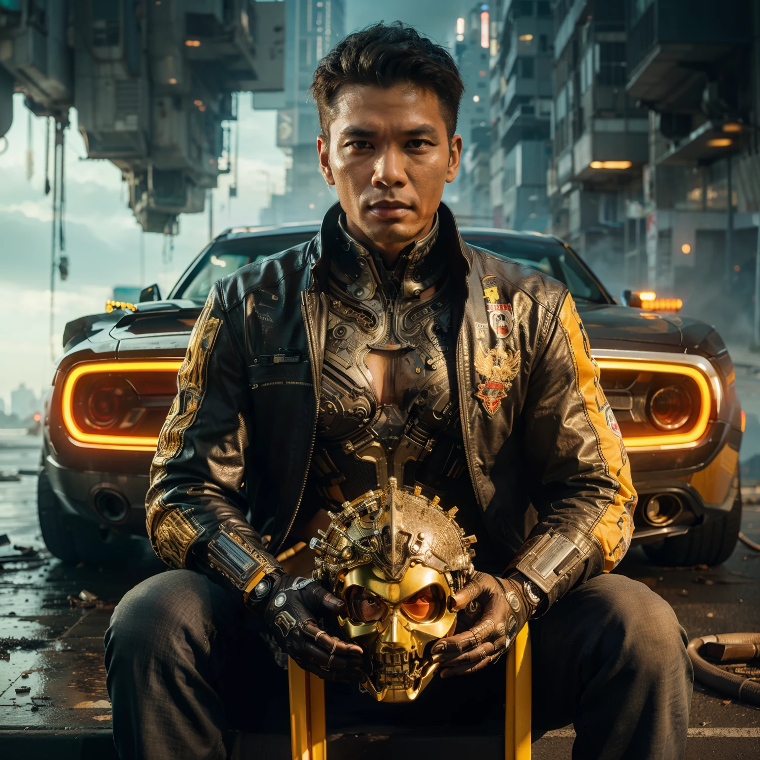 best quality, masterpiece, ultra-detailed, cinematic scene inspired by Michael bay , action scene, facing foward, cubby Indonesian man, Indonesian Face, holding faceless futuristik fitted helmet with vibrant visor, Sitting on front of Futuristik Cyberpunk Muscle car, full body portrait, golden and black cyberpunk body, wear futuristik cyberpunk neon Jacket, intricate details robotics body skin, polished body, Futuristik junkyard with floating City background, detailed hands, detailed finger, detailed cyberpunk suit, detailed jacket