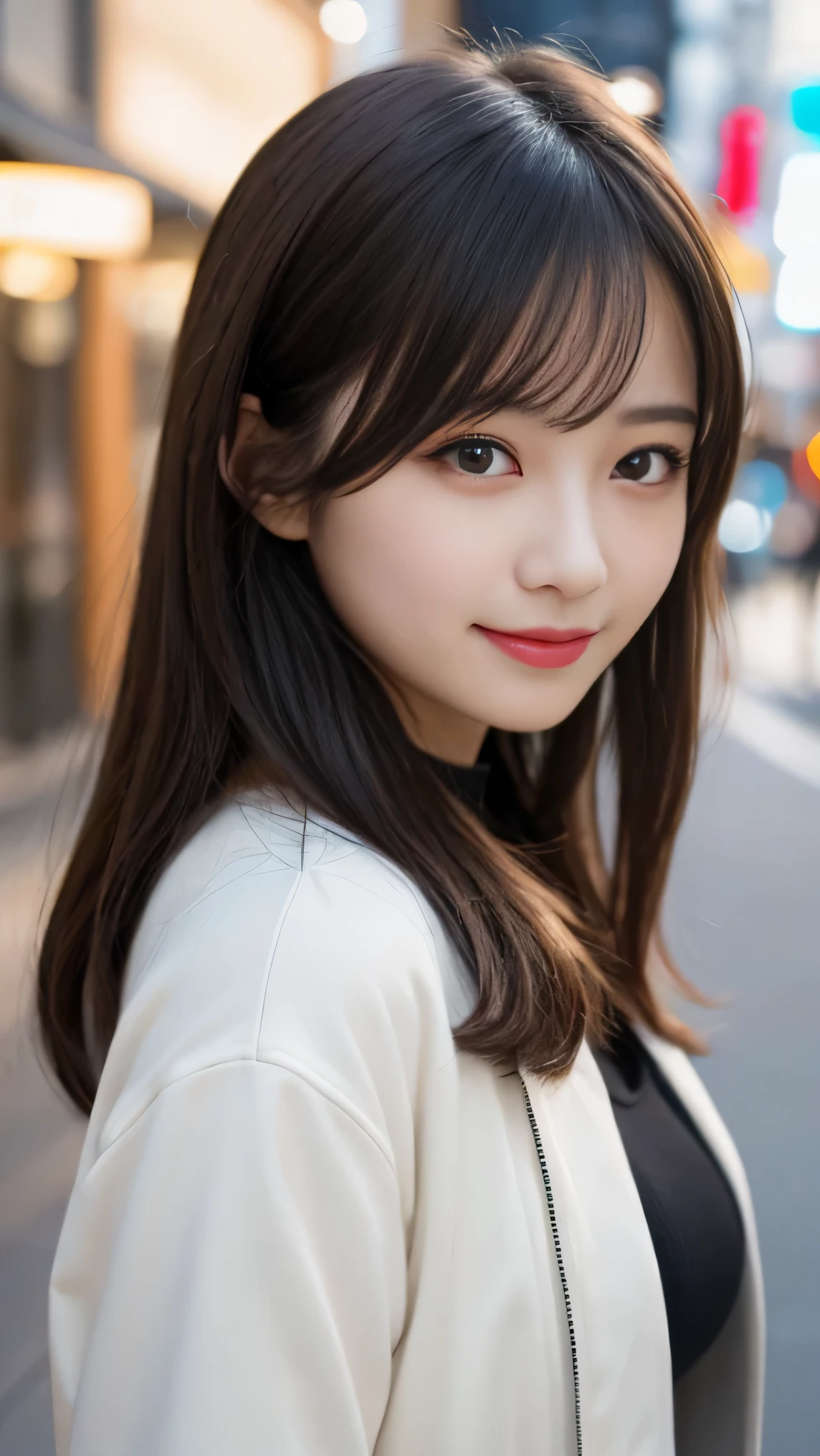 table top, highest quality, shape, Super detailed, finely, High resolution, 8k wallpaper, 完璧なダイナミックな構shape, beautiful and detailed eyes, cold winter clothes,medium hair,small breasts natural color lip, bold sexy pose,smile,Harajuku、20 year old girl、cute、sexy shot looking at camera,narrow side