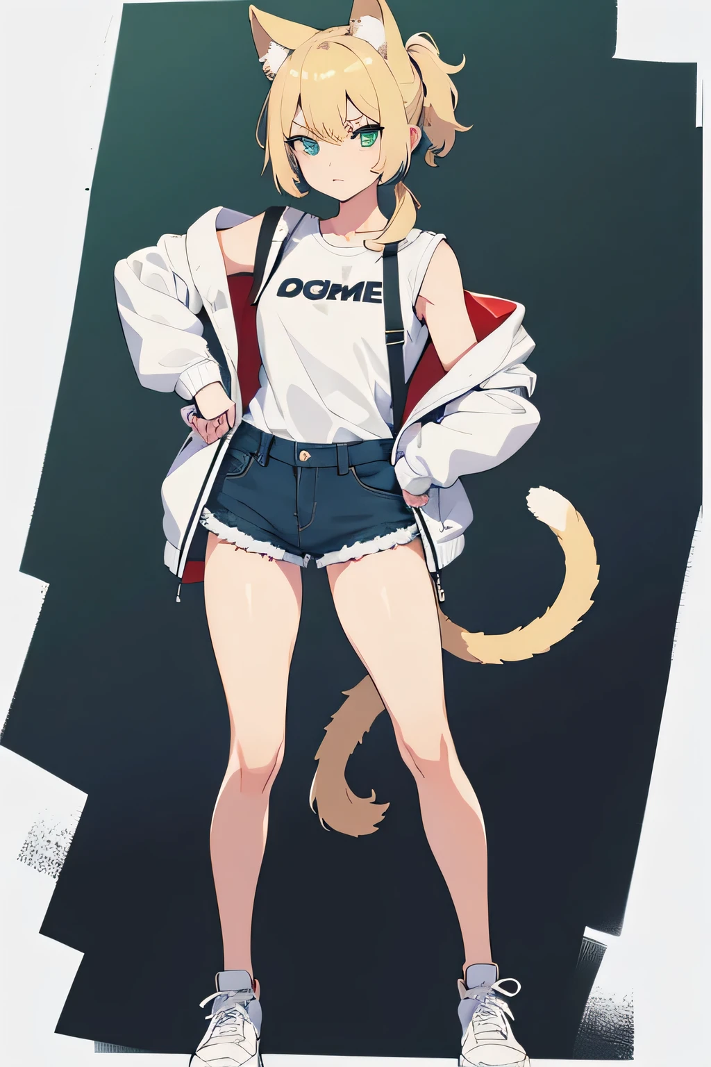 kemono, short blonde hair in a ponytail, green eyes, cat ears and tail, wearing plain white shirt, denim shorts, a big jacket, white background, high res, ultrasharp, 8K, masterpiece, full body