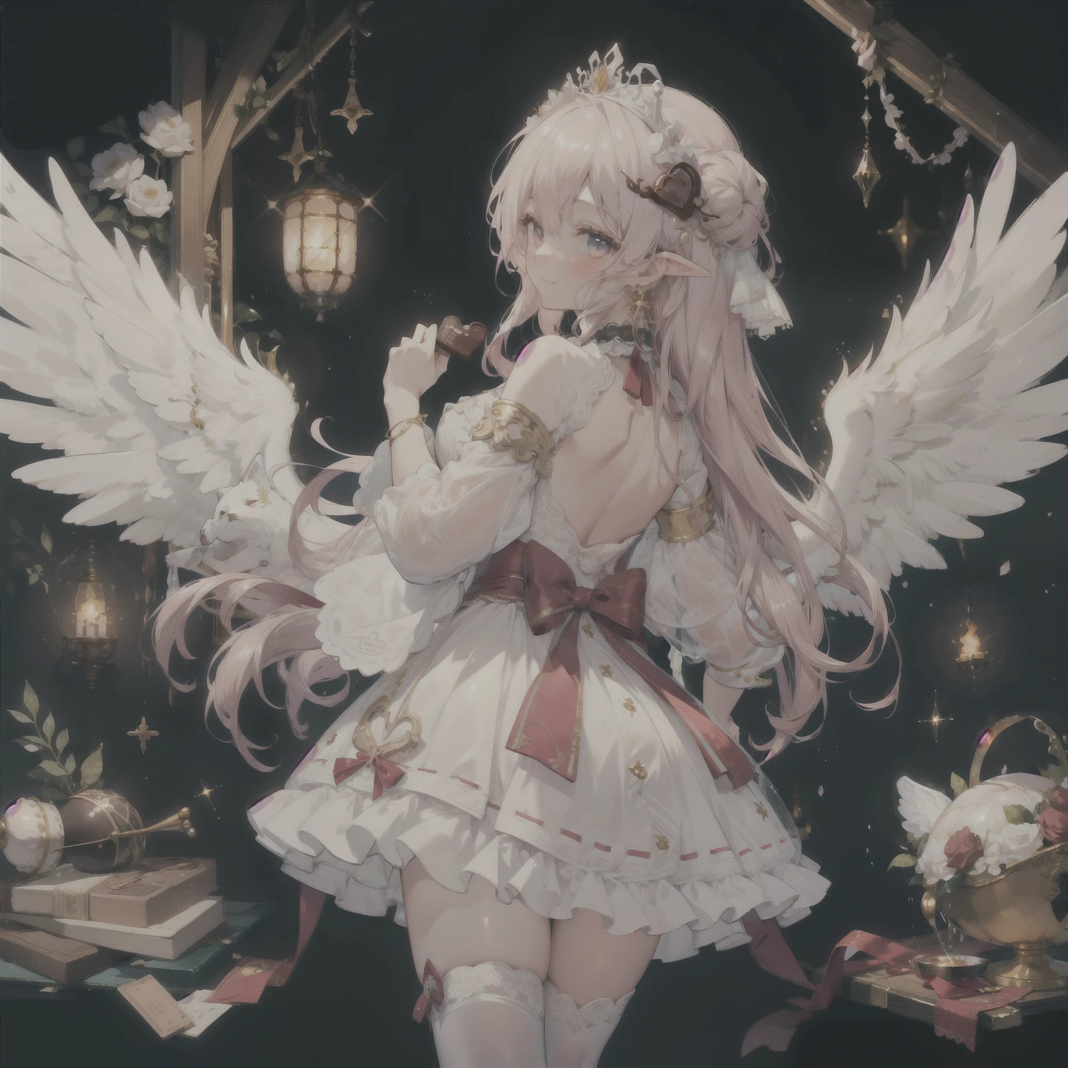 ((white background)),golden ratio,((妖精がchocolateを作っている)),chocolate,smile,happiness,make your cheeks red,Upper body,Big eyes,)),A large and beautiful dress inspired by rose flowers,Wooden kitchen,gold decoration,black ruffles、Intricate billowing ball gown with rhinestones,Heart mark dancing, ((Huge white fairy wings from the back)),gradient hair, golden hair, hair in the wind, wavy hair,fluffy hair,tiara,earrings,choker,long eyelashes, light pink blush,pointed ears, long and thin legs, golden hour, dazzling light, warm lighting,