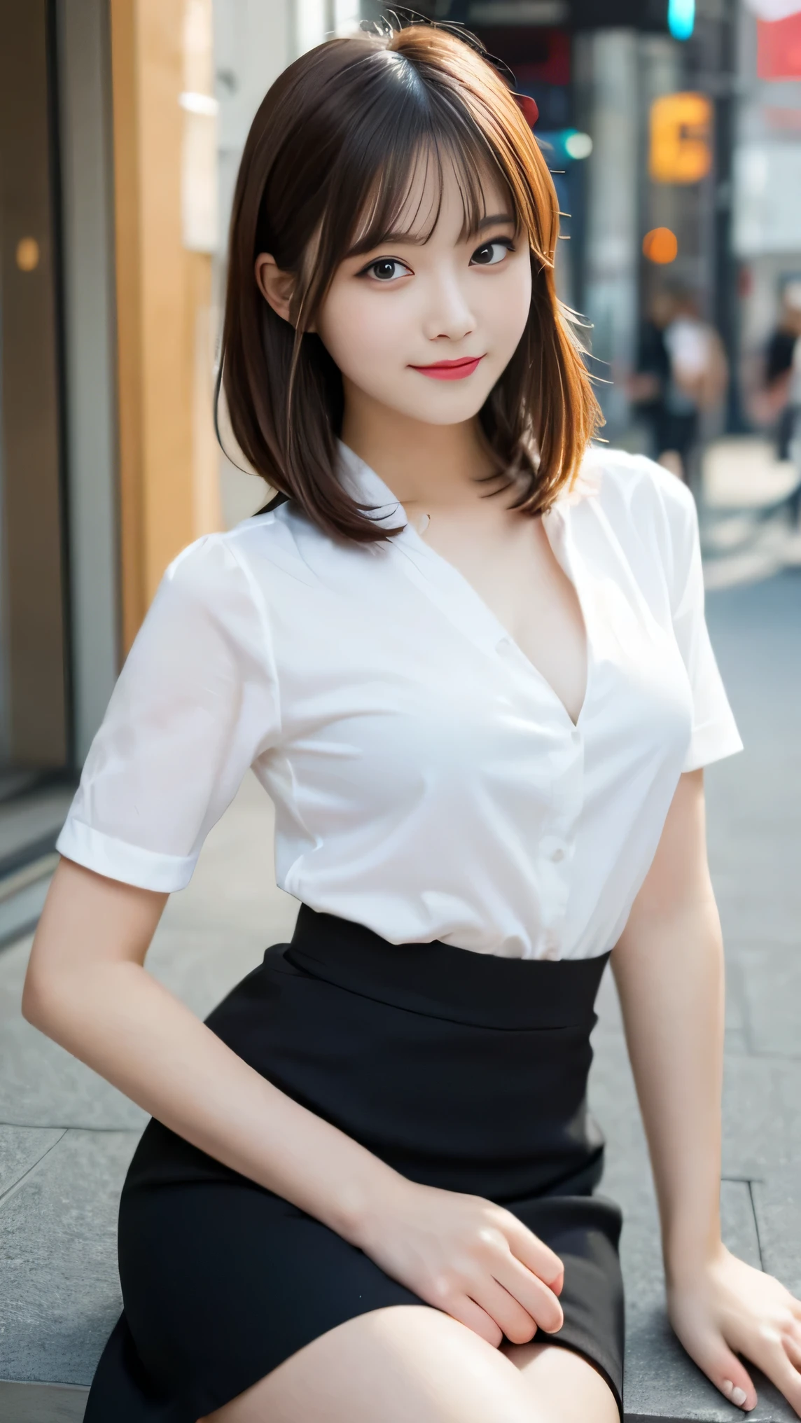 table top, highest quality, shape, Super detailed, finely, High resolution, 8k wallpaper, 完璧なダイナミックな構shape, beautiful and detailed eyes, Mini skirt medium hair,small breasts natural color lip, bold sexy pose,smile,Harajuku、20 year old girl、cute、sexy shot looking at camera,narrow side