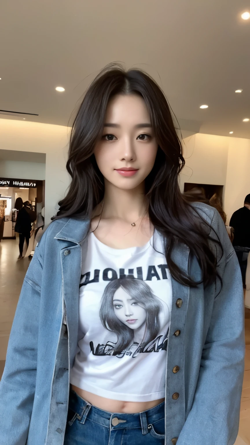 ((top-quality、8k、masterpiece:1.3))、Beautiful woman with perfect body:1.4、slim abdomen:1.2、Longhair, normal breast, Highly detailed facial and skin texture, A detailed eye, delicate eyes, double eyelid, (smile), (full body shot), ((shopping mall)), (standing), (((wearing t-shirt with jacket))), looking in front