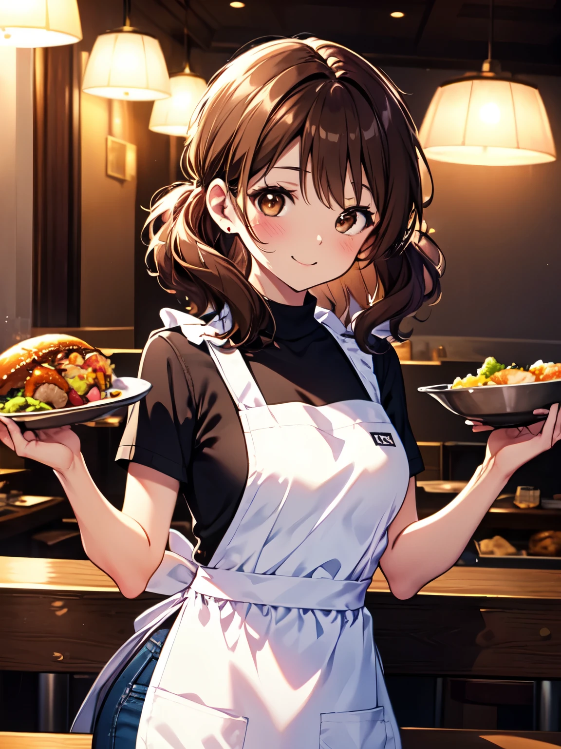 woman portrait ,20 years,Upper body,jeans、apron、シロ色shirt、Ｔshirt、sweater、Clothes,、food in hand、restaurant,cinematic lighting,brown eyes、smile、blush、beautiful and well-groomed hair、straight、apron、apron、brown hair、Wavy hair