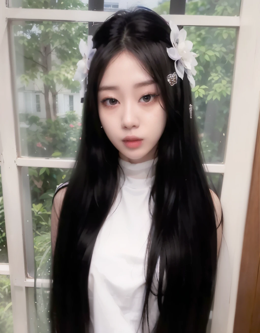 arafed woman with long black hair standing in front of a window, jaeyeon nam, white hime cut hairstyle, the hime cut, haerin of newjeans, jinyoung shin, taejune kim, with long hair, portrait of haerin of Newjeans, she is about , cruel korean goth girl, she looks like a mix of grimes 