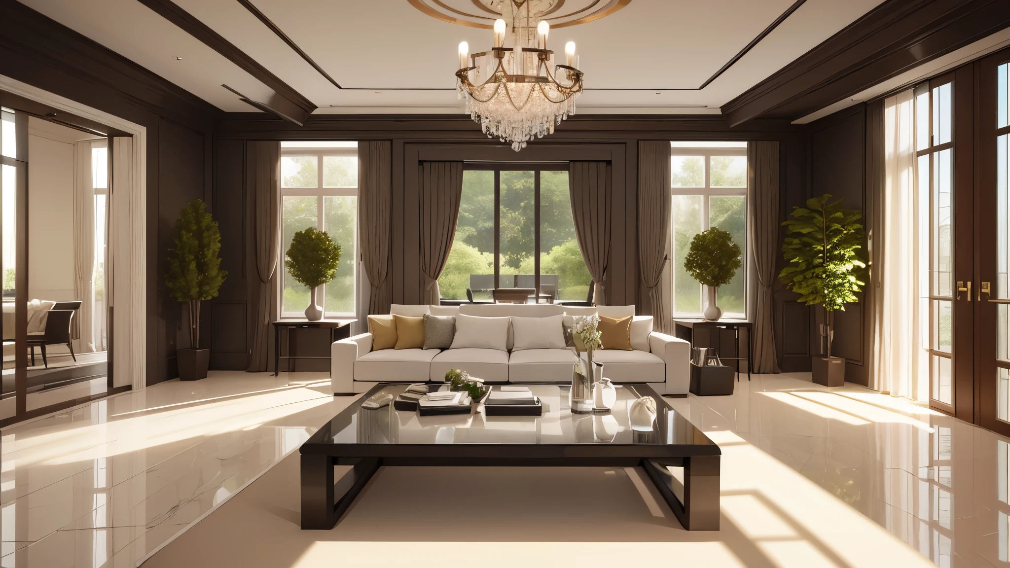 You are a famous interior designer、You have been asked to create a 3D image of a modern large room. Create a harmonious environment with modern and minimalist furniture. Including garden interior.