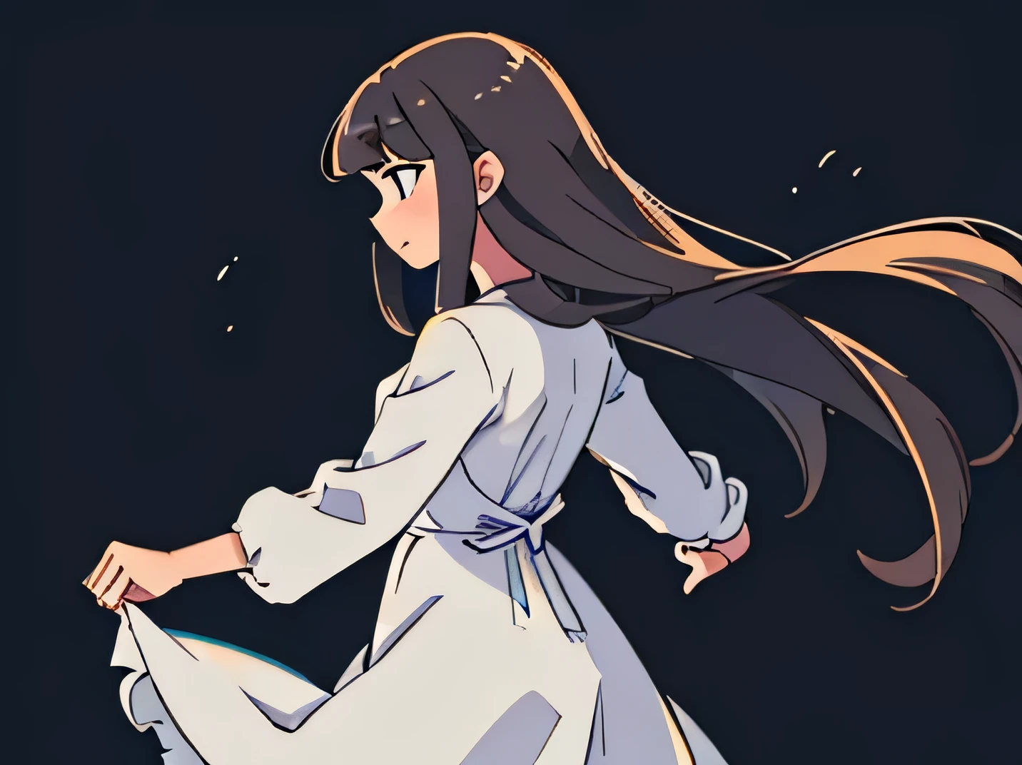 side view illustration of a girl having long hair with bangs, wearing a dress, , detailed