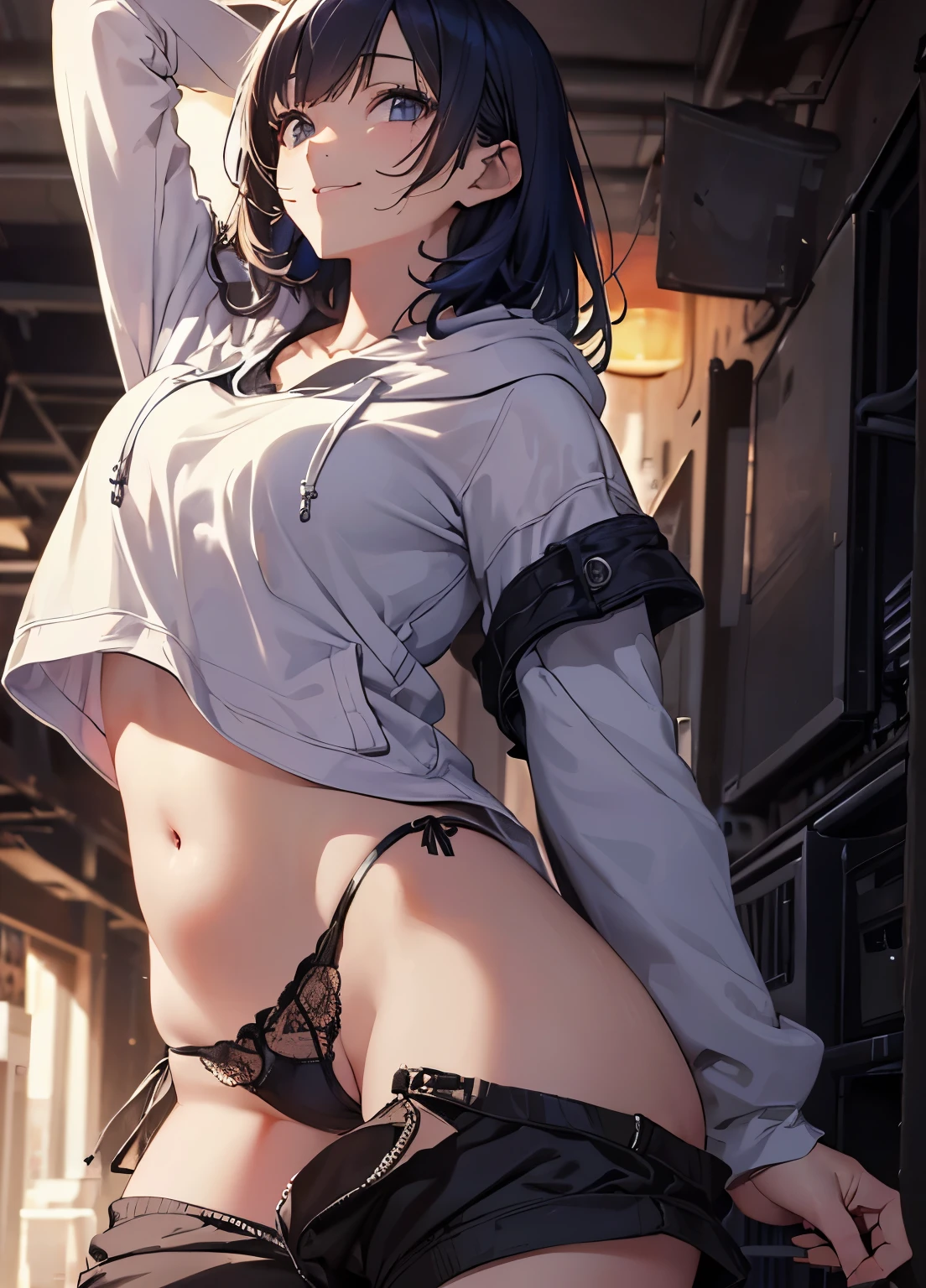 (official art、highest quality、Unity 8k wallpaper、32K、masterpiece、super detailed、超high resolution、realistic、Photoreal:1.2)、(cinematic lighting:1.2)、fire glow effect、film grain、best shadows、rim lighting、side light、(Super detailed and complex 3D rendering)、Background like Makoto Shinkai、very beautiful background、detailed beautiful face and eyes、(Beautiful and sharp pupils)、masterpiece, high resolution、highest quality, ultla highres, maximum resolution, very detailed, professional lighting, beautiful skin, 28 year old woman、very pretty、((hoodie、hoodie、panties、belly button))、((((Take off your pants、pantiesを披露))))、blue inner hair color、neat bangs、bangs、dull bangs、(((sexual excitement)))、Smile a little、(((super low angle)))