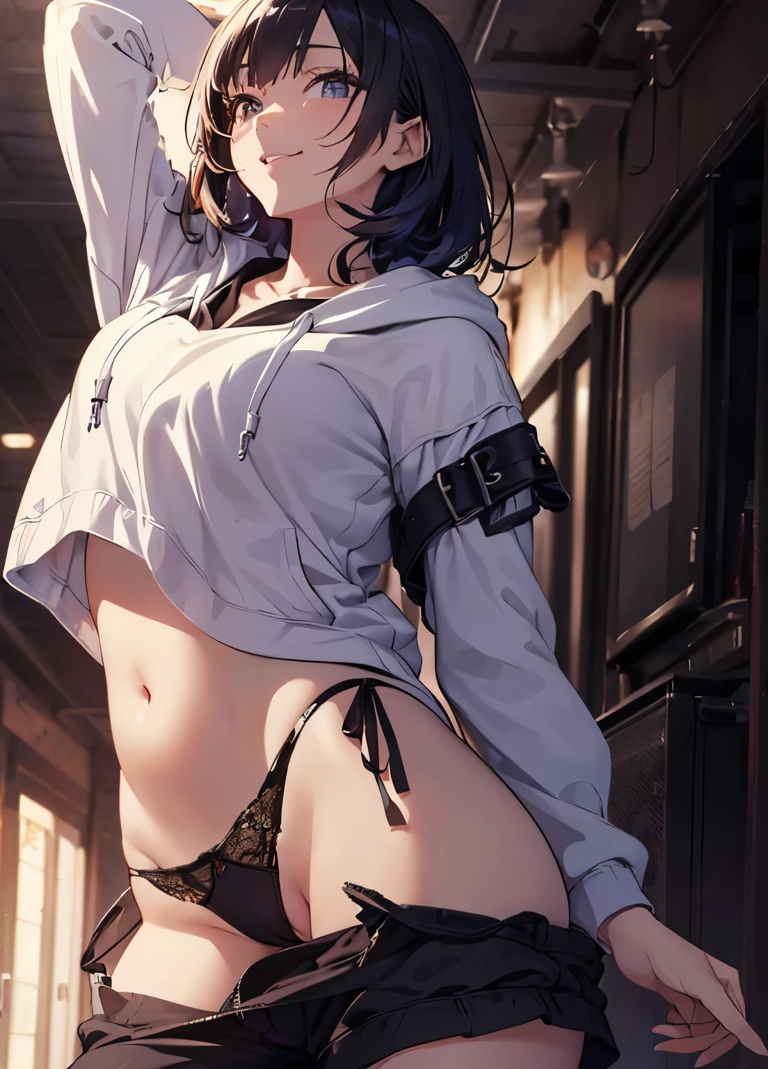 (official art、highest quality、Unity 8k wallpaper、32K、masterpiece、super detailed、超high resolution、realistic、Photoreal:1.2)、(cinematic lighting:1.2)、fire glow effect、film grain、best shadows、rim lighting、side light、(Super detailed and complex 3D rendering)、Background like Makoto Shinkai、very beautiful background、detailed beautiful face and eyes、(Beautiful and sharp pupils)、masterpiece, high resolution、highest quality, ultla highres, maximum resolution, very detailed, professional lighting, beautiful skin, 28 year old woman、very pretty、((hoodie、hoodie、、belly button)((Take off your pants、pantiesを披露)e inner hair color、neat bangs、bangs、dull bangs、(((sexual excitement)le a little、(((super low angle)))