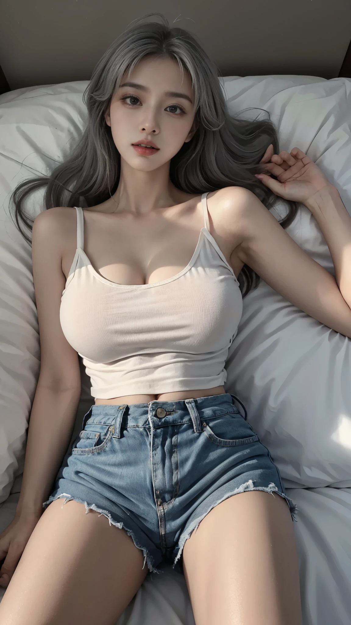 masterpiece，best quality，official art，Highest resolution，（detailed：1.6），sleeping girl，stunning appearance，Perfect body，lying flat on bed，look at sky，realistically，She wears denim shorts，Wear a see-through white tank top，Breasts enlarged，silver hair，solo，3D，exquisite，Full body female love