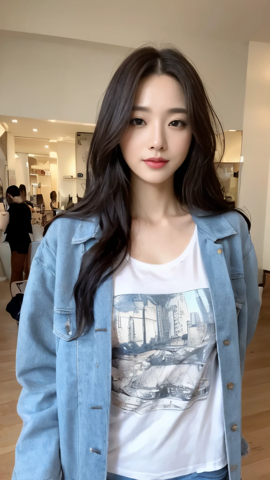 ((top-quality、8k、​masterpiece:1.3))、Beautiful woman with perfect body:1.4、slim abdomen:1.2、Longhair, normal breast, Highly detailed facial and skin texture, A detailed eye, delicate eyes, double eyelid, (smile), (full body shot), ((shopping mall)), (standing), (((wearing t-shirt with jacket))), looking in front