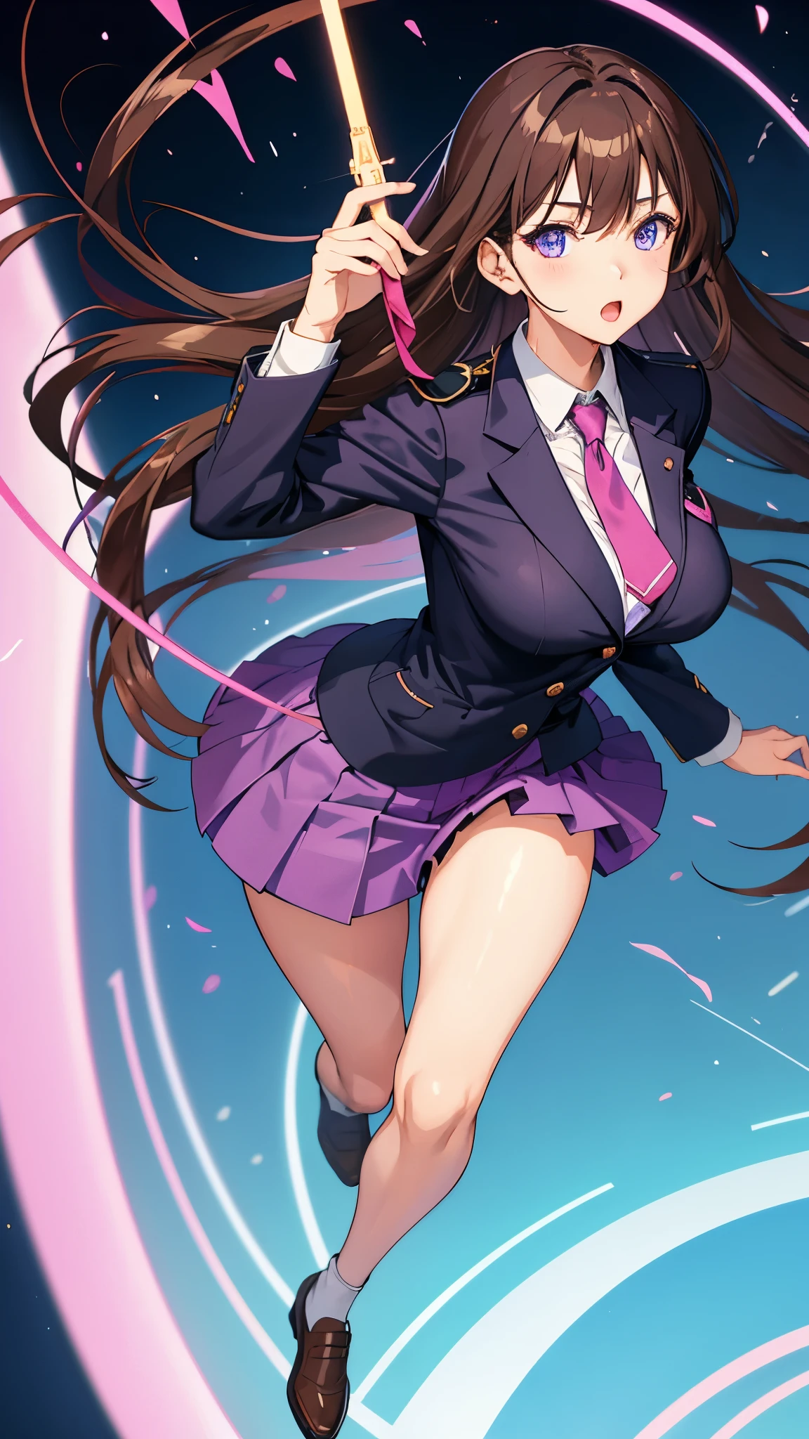 Anime girl, Dark brown hair, Purple degradation blue eyes, cute face, slim body, holding valentine chocolate, big and firm breasts, Wearing a girl's uniform consisting of a short skirt, blazer and tie,