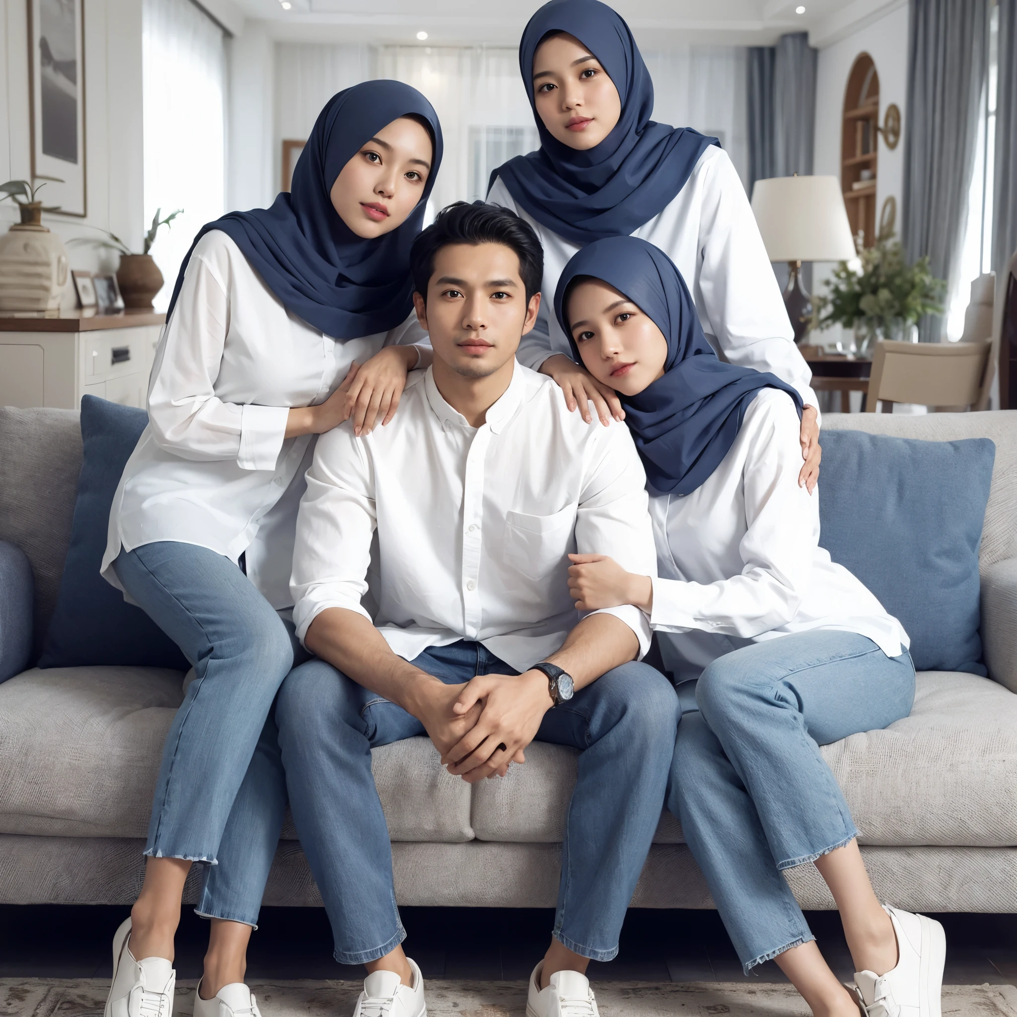 Create a friendly close-up photo style, clean face of a 31-year-old Indonesian man, wearing a white shirt and blue jeans, three 31-year-old WOMEN, wearing a white shirt and headscarf in navy blue. Those wearing new white and blue dongker shirts, posing sitting on the sofa, embracing each other, the studio has a luxurious home background. Details. fresh color, blue lighting, realistic, 8k, HD.