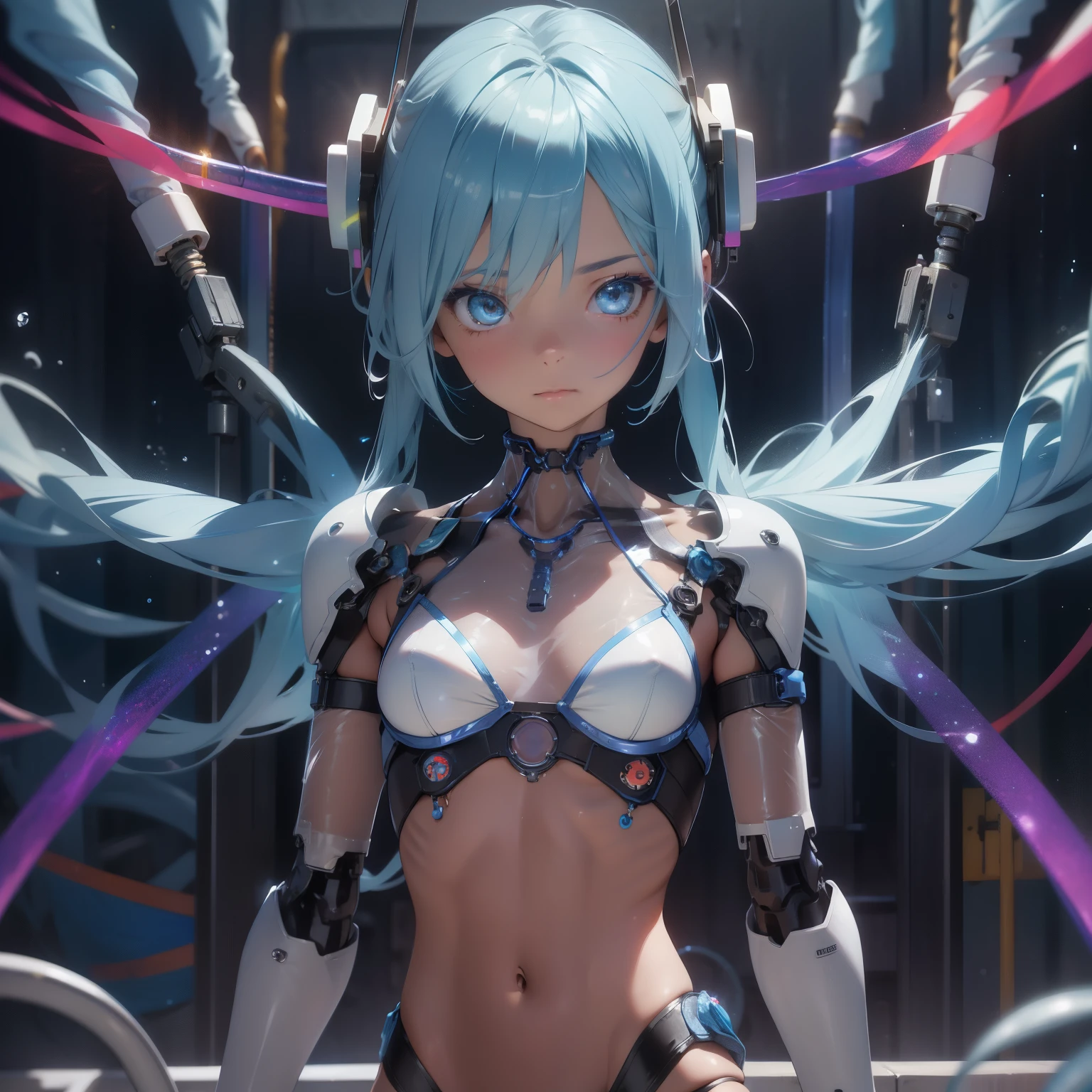 (quality)), ((masterpiece)), Recommended results、Puffy nipples、(see through:1.5)、straighten your back、abdominal muscles、huge bust、angle to floor:1.2、low camera angle、Hair loss on crotch，Hatsune Miku，super detailed)), (Very detailed的CG插画), ((extremely delicate and beautiful)),(1 blue transparent mechanical girl)),alone,whole body,(Machine made joints:1.2),((mechanical limbs)),(Flashing blood vessel points connected to tubes),(Mechanical vertebrae attached to the back，with flowing glitter.),((Flowing rainbow fixed around neck)),perfect round face,(Wires and cables connected to the neck:1.2),(Rainbow wires and cables on the head:1.2)(Character focus),,Very detailed,colorful,most detailed，white ceramic skin，blue short hair