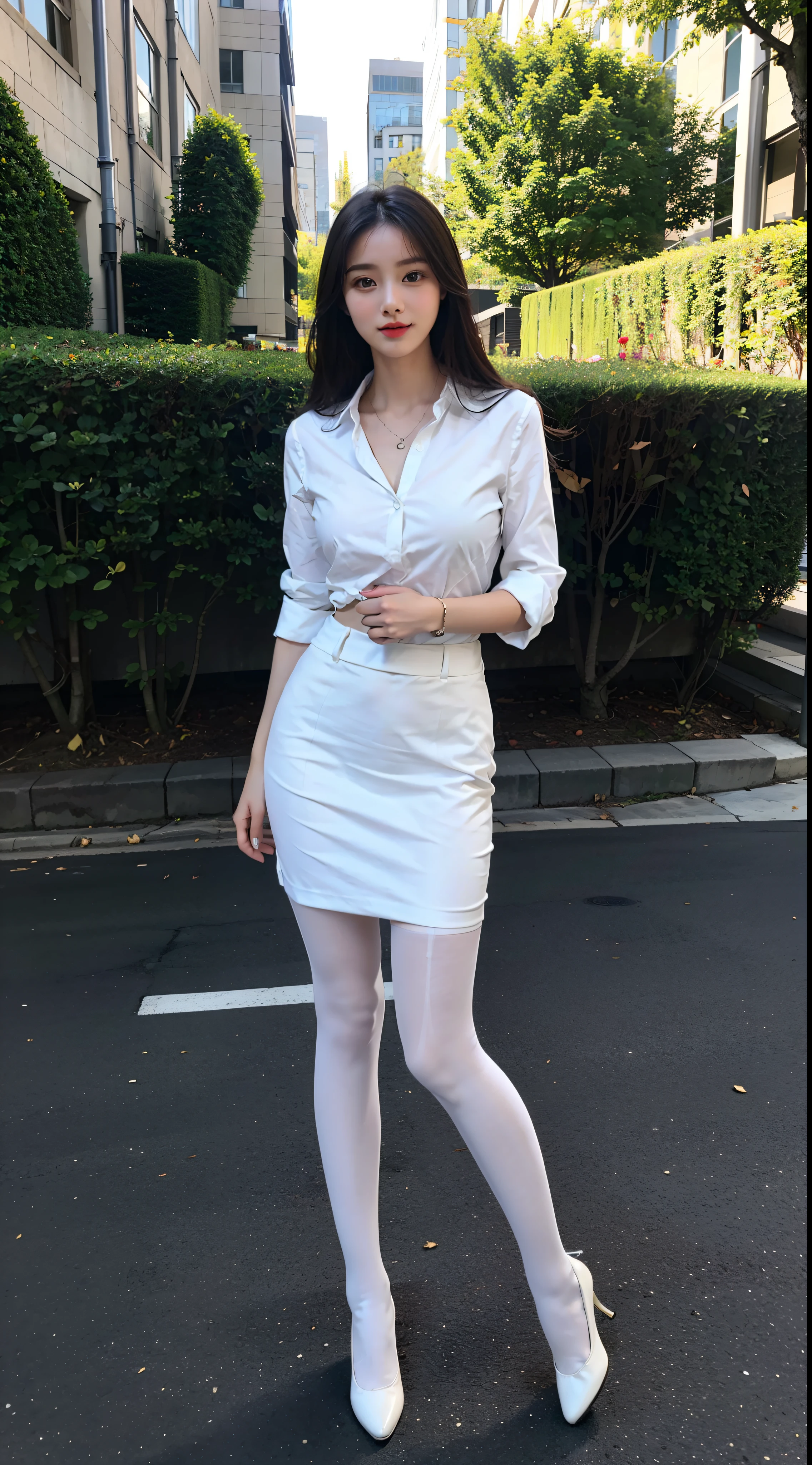 best quality, full body portrait,Exquisite face shape,pretty face,25-year-old woman,fit,bigger bust,office ladies uniform,office attire,white stockings,exterior,long yellow hair