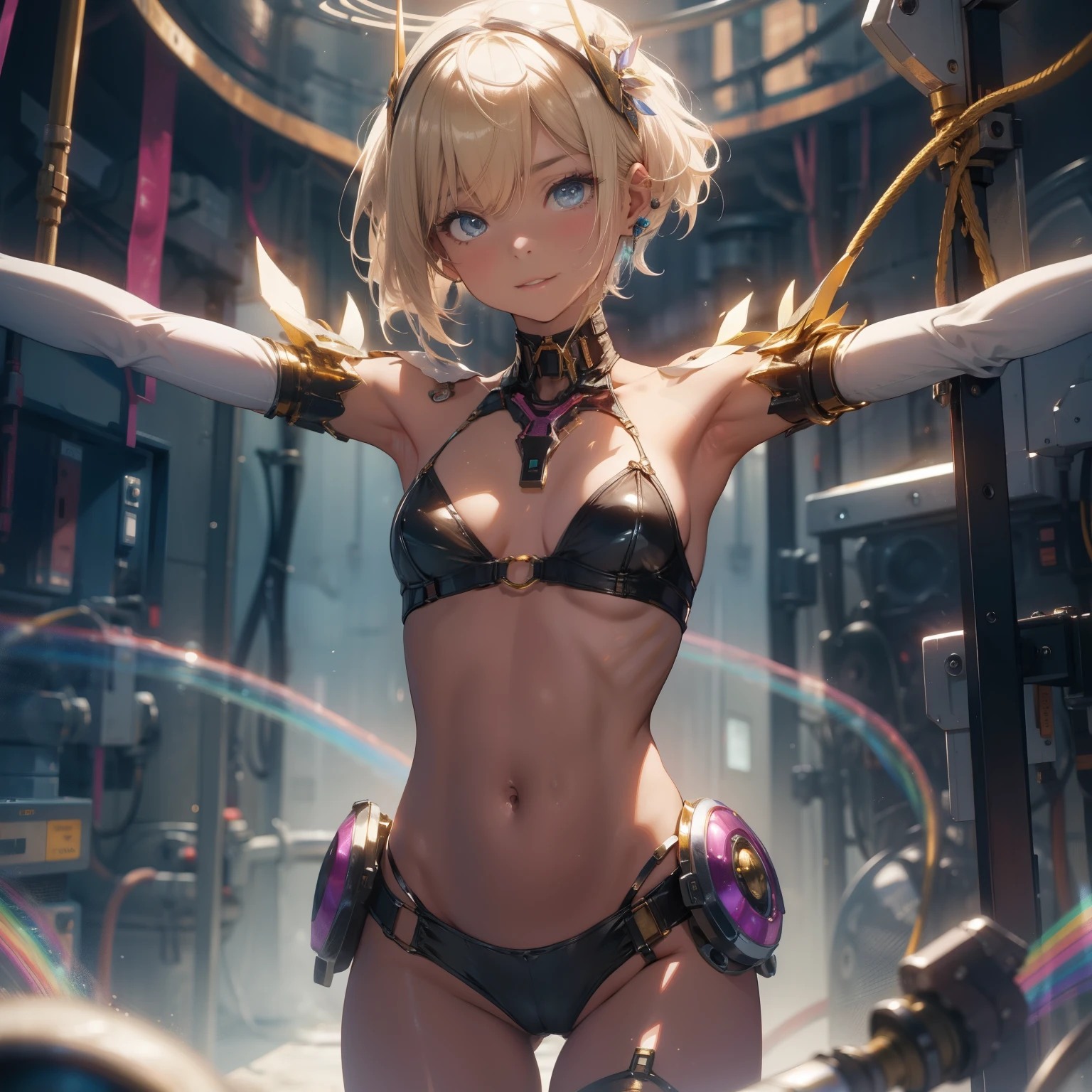 (quality)), ((masterpiece)), Recommended results、Puffy nipples、(see through:1.5)、straighten your back、abdominal muscles、huge bust、angle to floor:1.2、low camera angle、Hair loss on crotch,Hatsune Miku,super detailed)), (Very detailed的CG插画), ((extremely delicate and beautiful)),(1 golden transparent mechanical girl)),alone,whole body,(Machine made joints:1.2),((mechanical limbs)),(Flashing blood vessel points connected to tubes),(Mechanical vertebrae attached to the back,with flowing glitter.),((Flowing rainbow fixed around neck)),perfect round face,(Wires and cables connected to the neck:1.2),(Character focus),,Very detailed,colorful,most detailed,white ceramic skin,blonde short hair