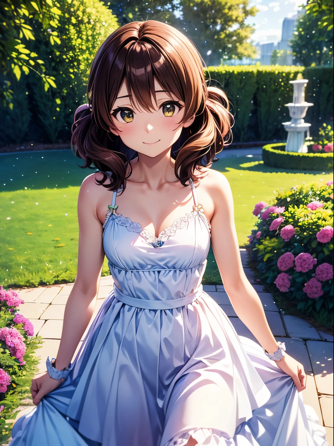 High resolution, highest quality, super high quality,3D images、Kumiko、3D images、beautiful flower々満開のgarden、brown hair、Wavy hair、Highly detailed CG Unity 8K wallpaper, [3D images:1.15],charming eyes、[[detailed eye、colorful eyes、shining eyes:1.15]], , super detailed,thin fingers、Front view、cinematic lighting、Yellow before＿Kumiko、、absolute reference、 garden、wedding lingerie、wedding gloves up to the arm、white dress、closed mouth、cute smile、long skirt、cowboy shot