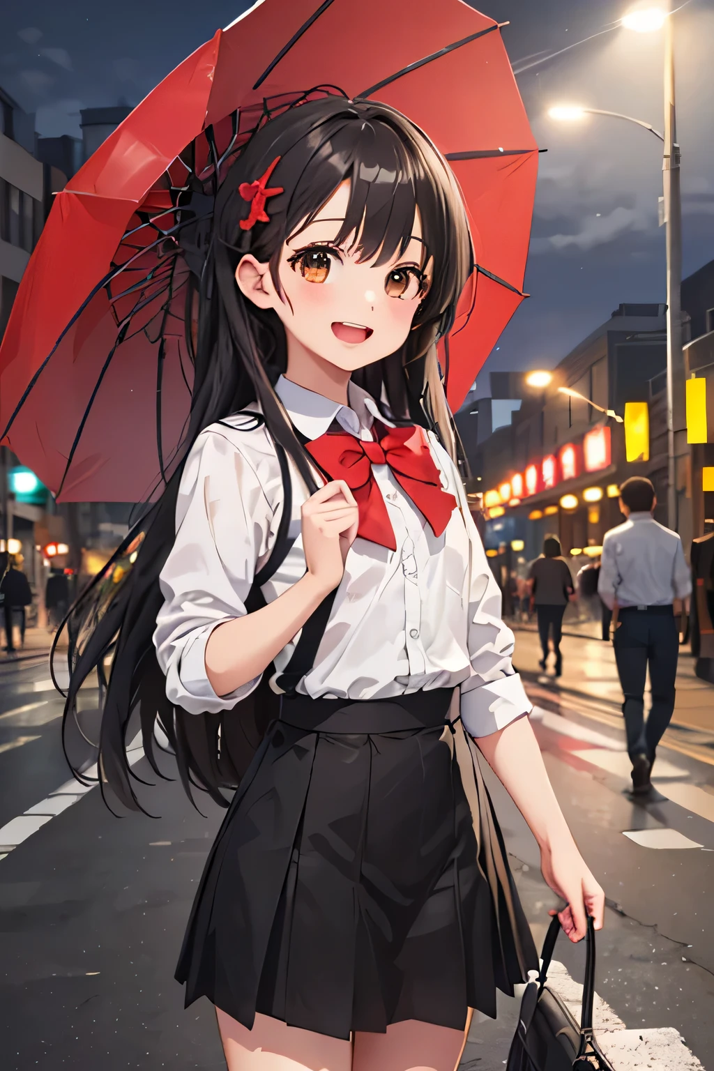 (masterpiece, ultra high resolution, highest quality:1.1), (flat color), 1 girl, alone, （red umbrella）、Ten generations, cowboy shot, (written boundary depth:1.2), (noon), (high school girl uniform), (street light:1.1), (Fantastic lighting), looking at the viewer, black hair, long hair, [smile], (open your mouth)、(((masterpiece)))、(((highest quality)))、((super fine))、