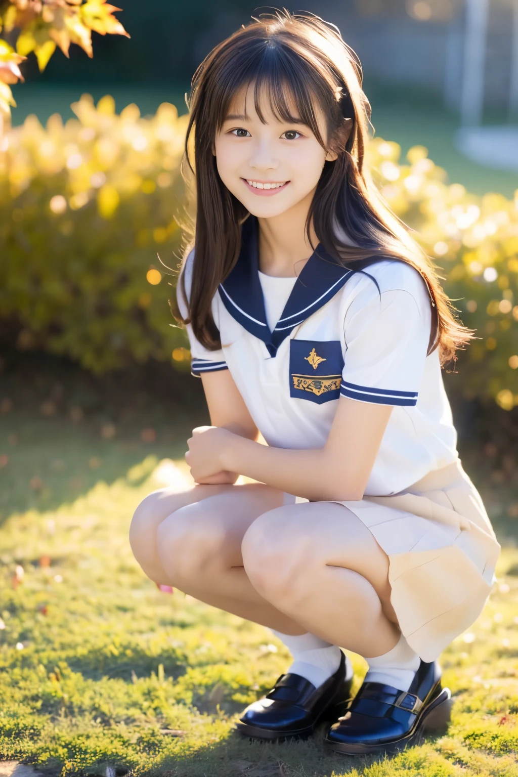 (((masterpiece，Super high resolution, realistic, super detailed, 8K,highest quality))),  (one beautiful japanese girl, innocence) ， detailed background，slender body shape，(bun hair), (baby face，Cute type，adorable 12 year old girl)， (perfect body:1.1),  (Japanese high school girl uniform，sailor suit，navy pleated mini skirt)，enjoy，smile，small gravure idol，transparent skin，Beautiful autumn scenery can be seen from the window，soft lighting，cute pose