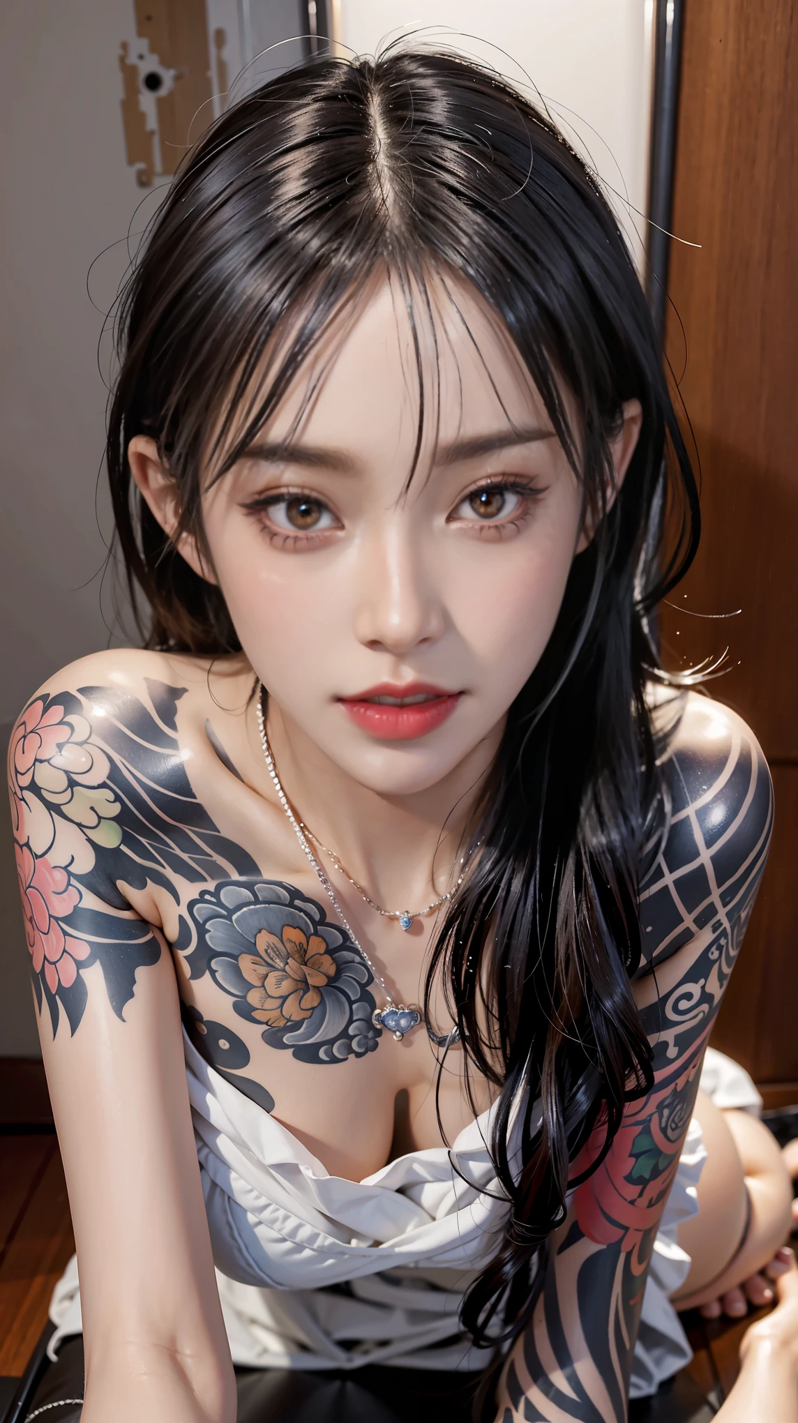 realistically, high resolution, soft light lighting,1 woman, alone, butt lift, shiny skin, (Detailed faces), jewelry, Tattoos are,Full frontal photo