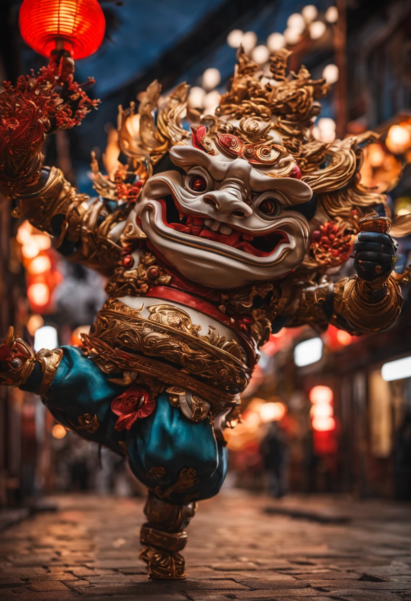 3 Jpanese Oni drinking sake, dancing, and laghing on Kyoto street. from below, lifelike movements,sharp details,vivid hues, mystic,otherworldly,ultra realistic,hyperrealistic,cinematic lighting,canon EOS 5D,Shutter speed: 1/200, Aperture: f/2.8,full HD 32K,unreal engine render --s 750
