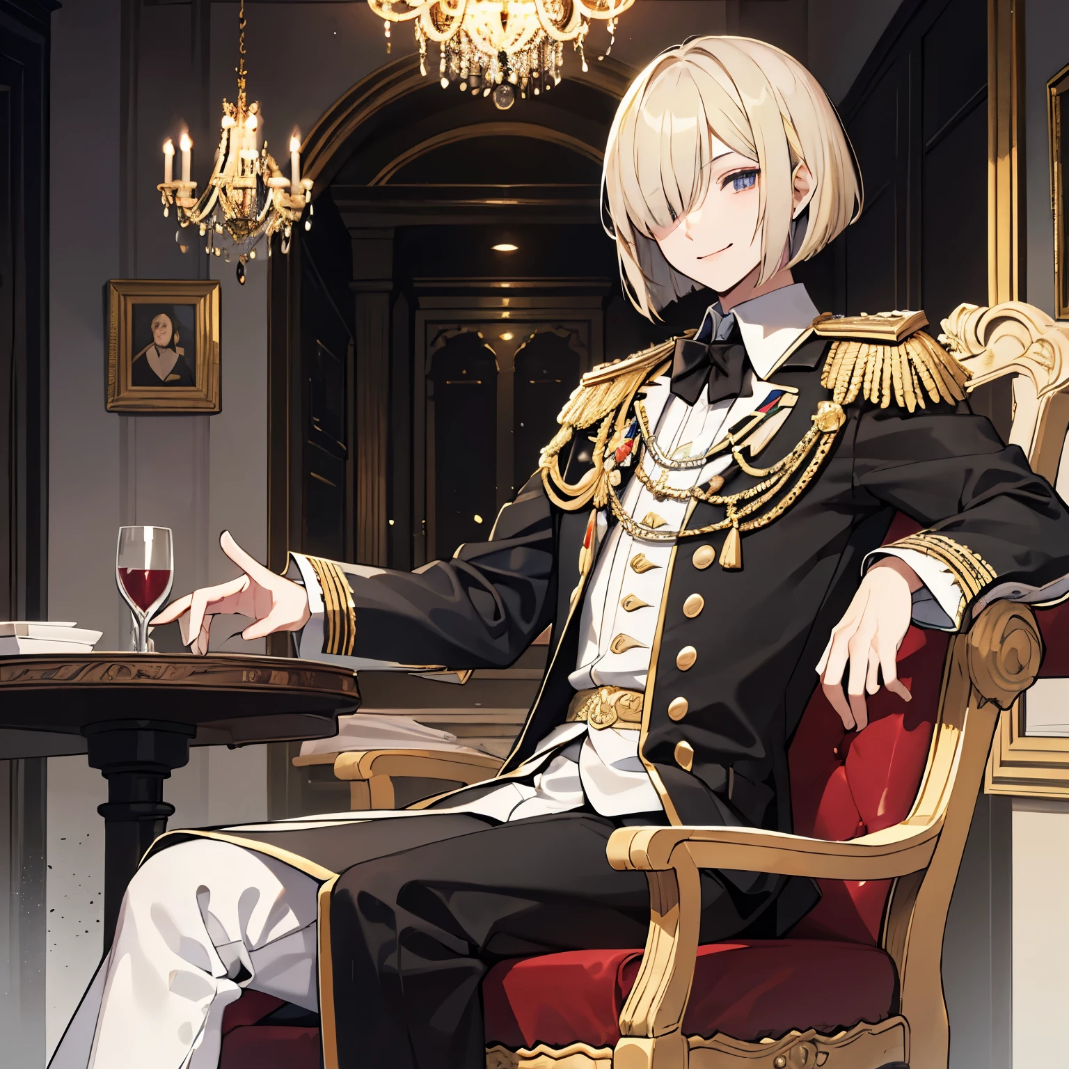 young man, old ceremonial court dress, smile, hair over one eye, bob cut, blonde, black eye, Rococo style white chair, upturned eyes, tareme