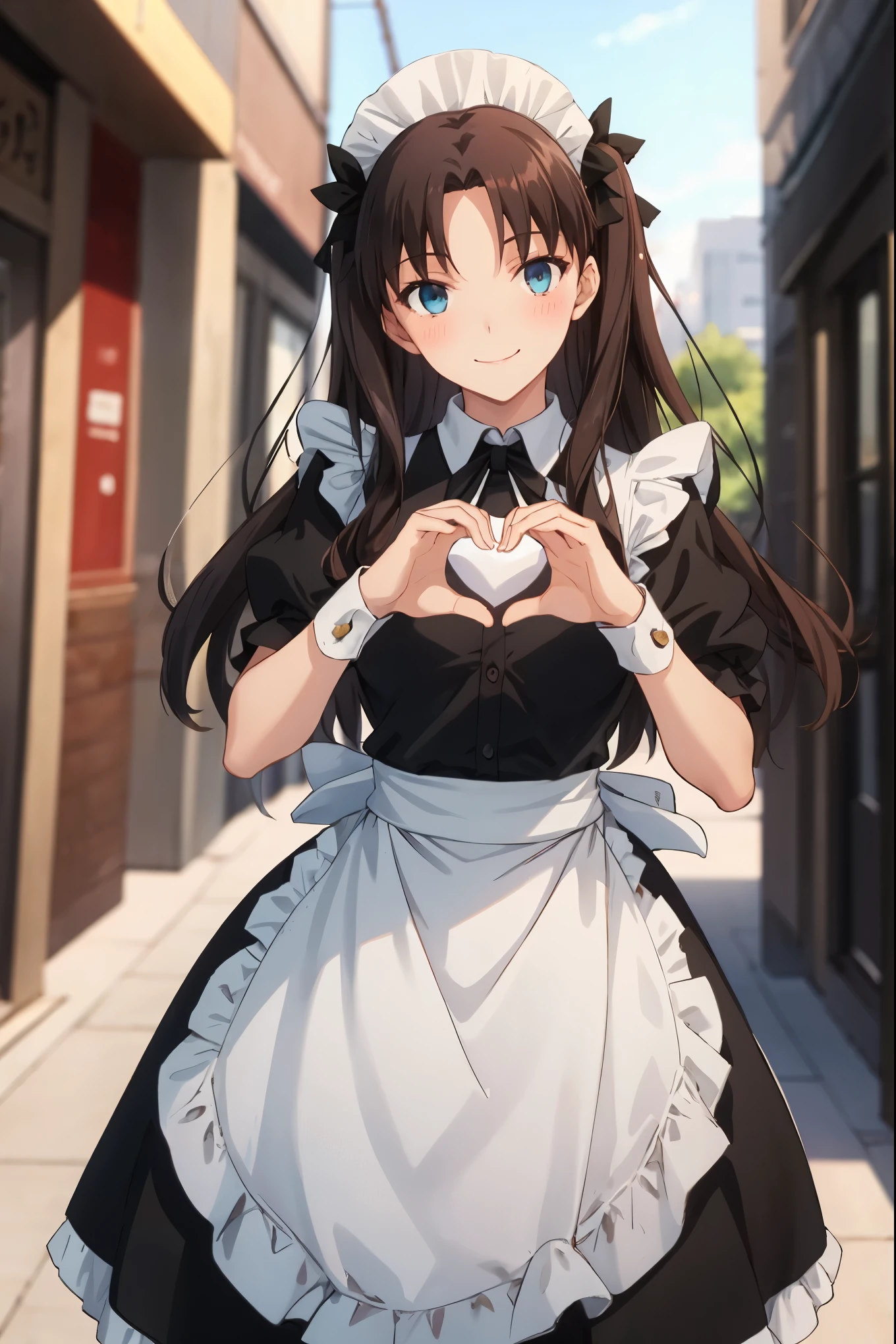 anime style, highest quality, (masterpiece:1.2), very detailed,
downtown tohsaka rin,
1 girl, alone, looking at the viewer, blush, smile long hair, two side up, brown hair, blue eyes, hair ribbon,
(maid dress:1.3), (white brim:1.3), heart hands