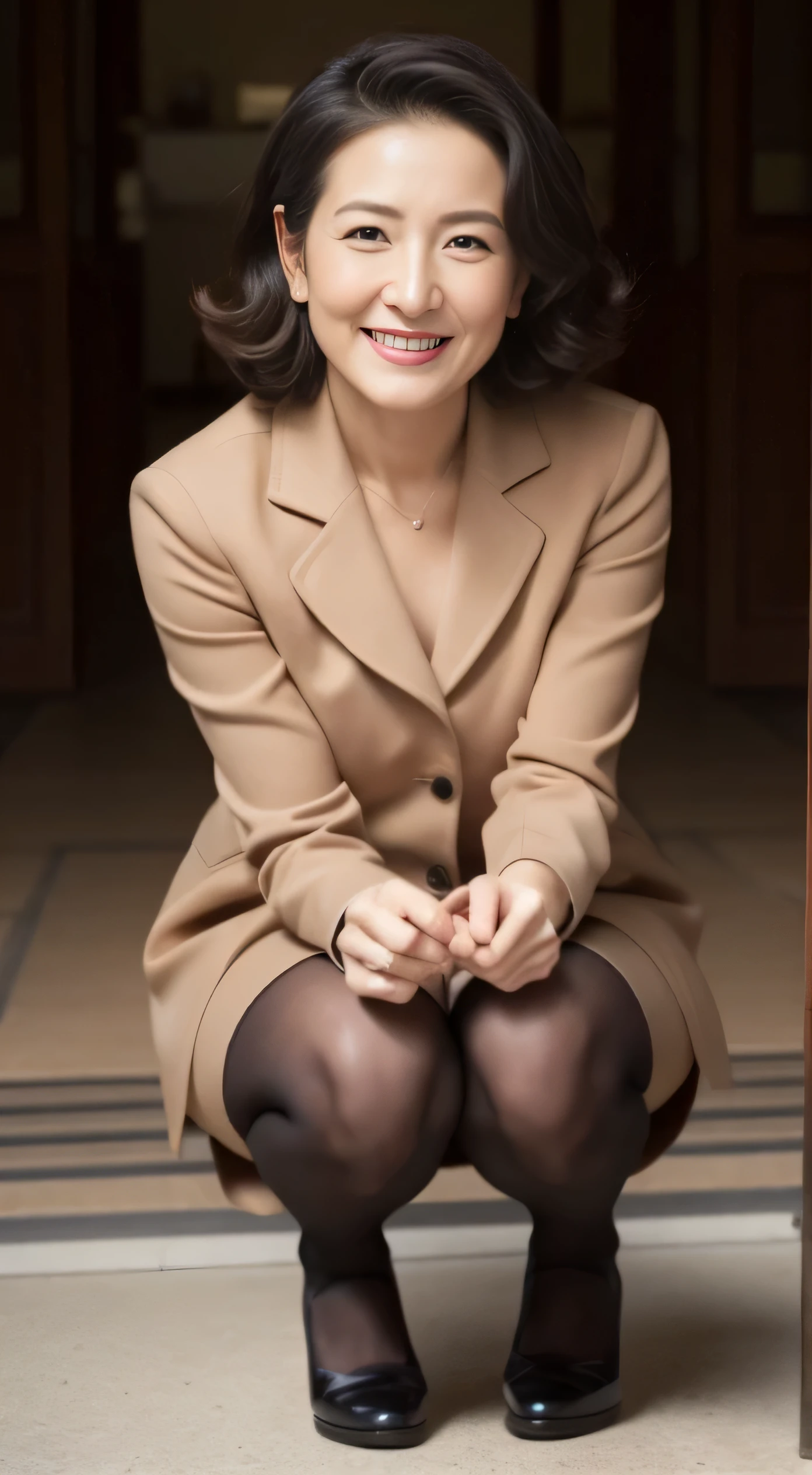 masterpiece,best quality, (sweetheart. staff:1), (close up)), large pelvis,1.8 U.S. High, Smile,Suitable for short skirts ,long legs,Super fine skin,Unclog pores,panoramic,Buttocks raised,black stockings,Only mature at 90 years old, Noble and elegant Japanese women, perfect face, nice, (detailed facial features), Face is clean and beautiful,lifelike, sharp focus, curls, Wrinkles at the corners of the eyes,squat,squat with your legs open,