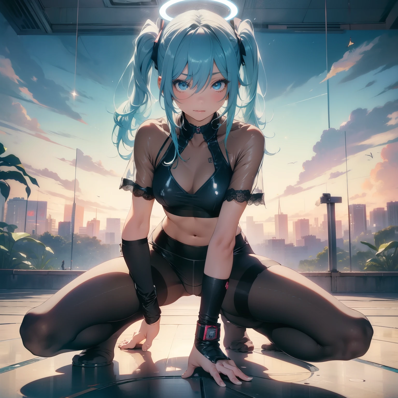 (quality)), ((masterpiece)), Recommended results、Puffy nipples、(see through:1.5)、straighten your back、abdominal muscles、huge bust、angle to floor:1.2、low camera angle、Hair loss on crotch,Hatsune Miku,((masterpiece, 最好的quality)), Detailed face, character design sheet,Full body female love, perfect proportions,full of details, Various poses and expressions, Very detailed, Martial Arts Girl,Tempting,gradient hair color,delicate eyes, perspective,cyan,lace up pantyhose,cloud,high balance, Overhead halo,Natural light,Star decoration