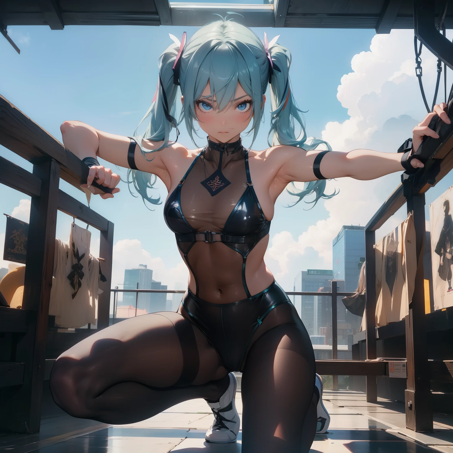 (quality)), ((masterpiece)), Recommended results、Puffy nipples、(see through:1.5)、straighten your back、abdominal muscles、huge bust、angle to floor:1.2、low camera angle、Hair loss on crotch,Hatsune Miku,((masterpiece, 最好的quality)), Detailed face, character design sheet,Full body female love, perfect proportions,full of details, Various poses and expressions, Very detailed, Martial Arts Girl,Tempting,gradient hair color,delicate eyes, perspective,cyan,lace up pantyhose,cloud,high balance, Overhead halo,Natural light,Star decoration
