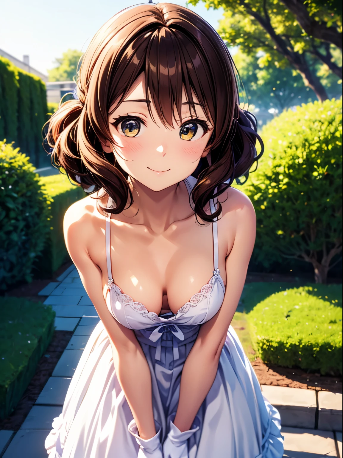 High resolution, highest quality, super high quality,3D images、Kumiko、3D images、beautiful flower々満開のgarden、brown hair、Wavy hair、Highly detailed CG Unity 8K wallpaper, [3D images:1.15],charming eyes、[[detailed eye、colorful eyes、shining eyes:1.15]], , super detailed,thin fingers、Front view、cinematic lighting、Yellow before＿Kumiko、leaning forward、Absolute reference to center、 garden、wedding lingerie、wedding gloves up to the arm、white dress、closed mouth、cute smile、long skirt、cowboy shot